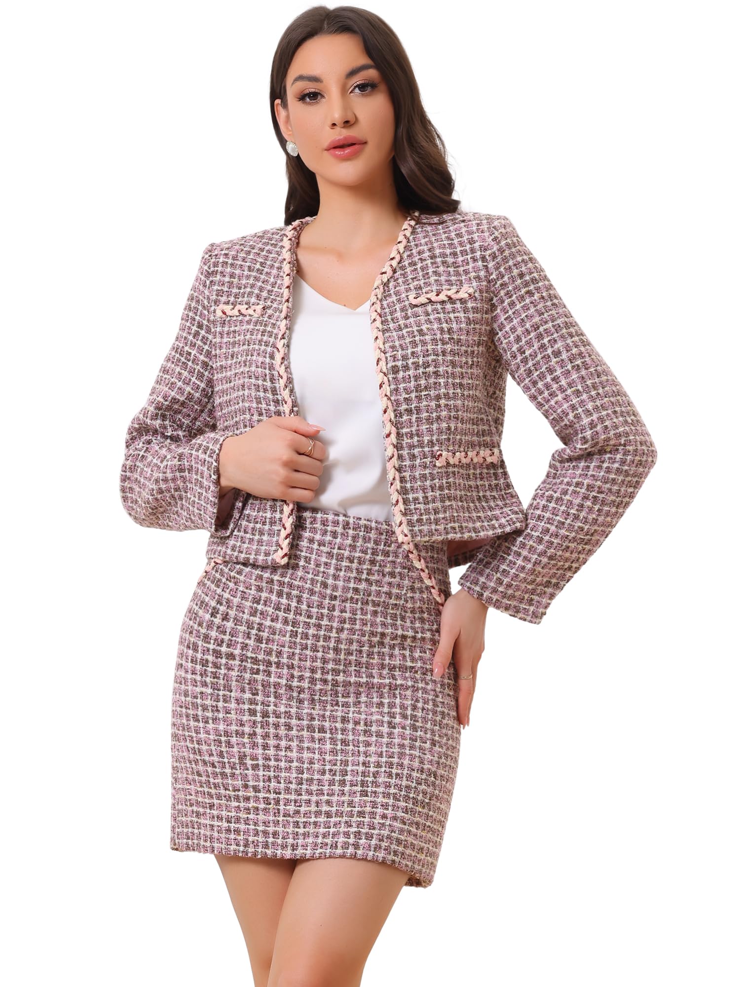 Allegra K Completi in Tweed Scozzese per Set di Giacche e Gonne Corte con Blazer Corto Aperto sul Davanti