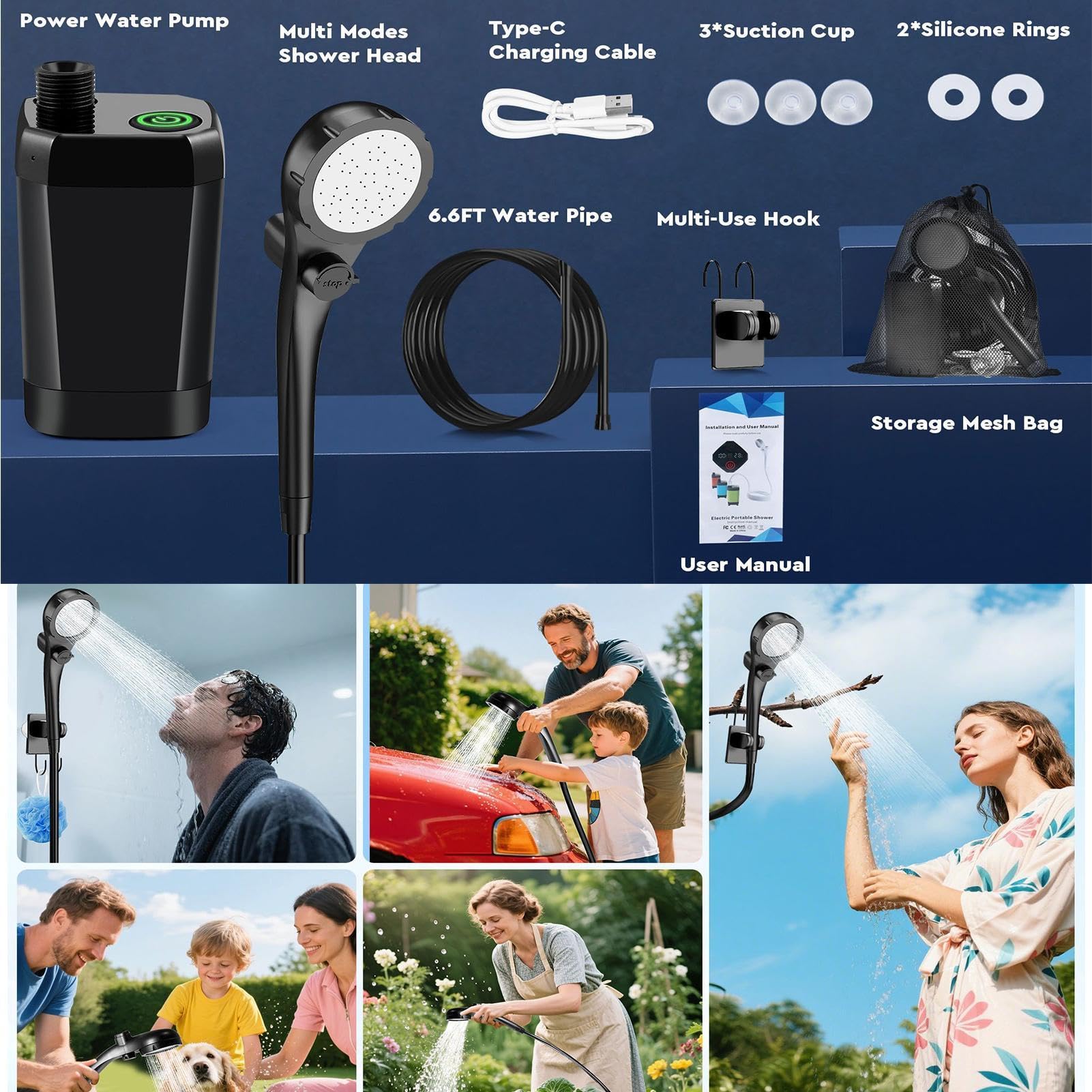 Ducha de campamento recargable, sistema de lavado portátil, equipo al aire libre de 6000 mAh con pantalla LED, bomba de viaje ABS impermeable, multimodo, equipo de camping con tres ajustes de