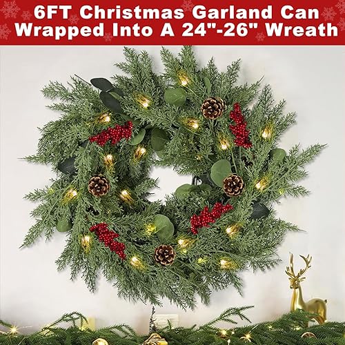 Miniatura 7 de Prelit&Timer - Guirnalda de cedro de tacto real de 6 pies por 10 pulgadas más gruesa con 30 luces cálidas, guirnalda de pino suave y exuberante,