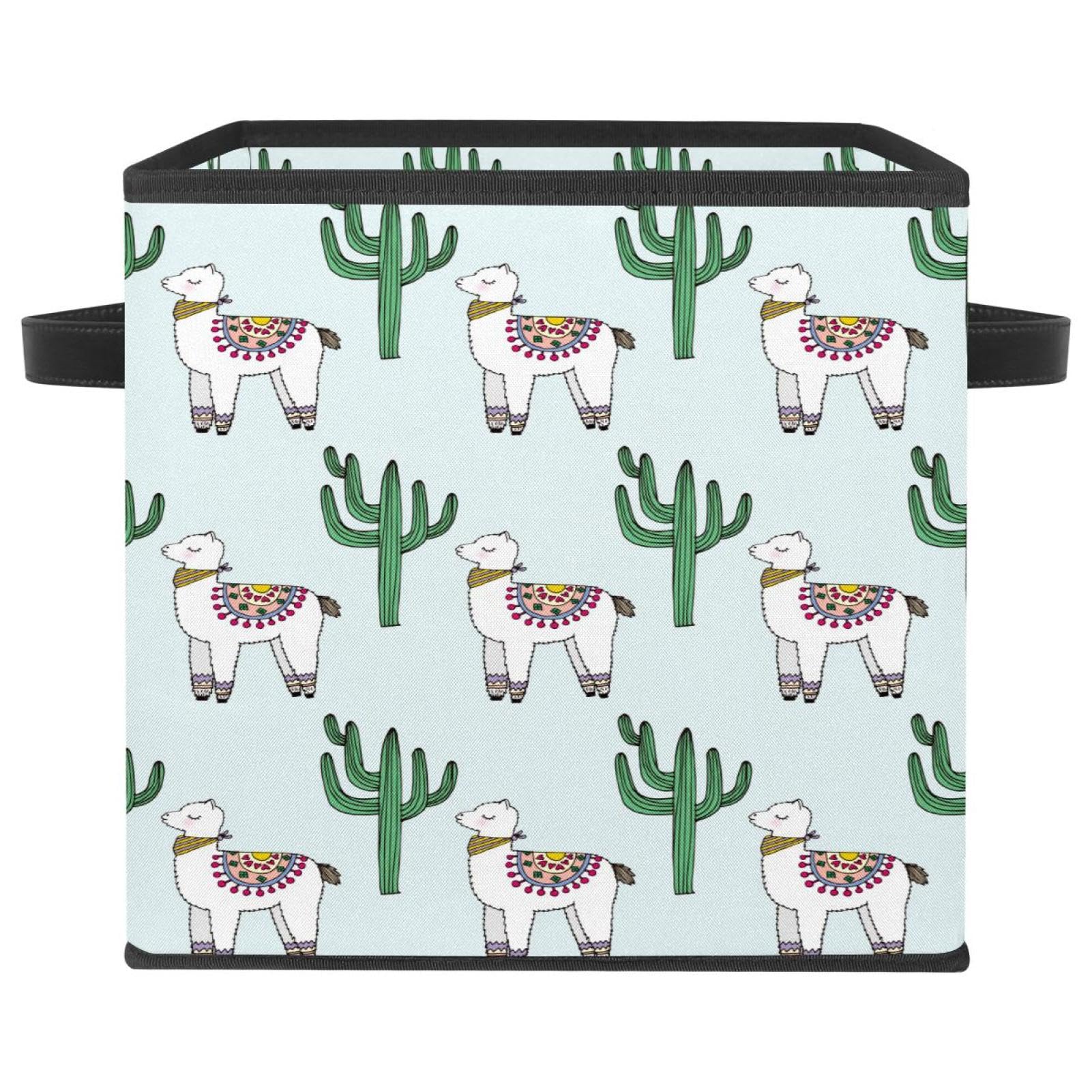 Boîte de rangement pliable cube en tissu avec poignées motif alpaga pour placard et chambre
