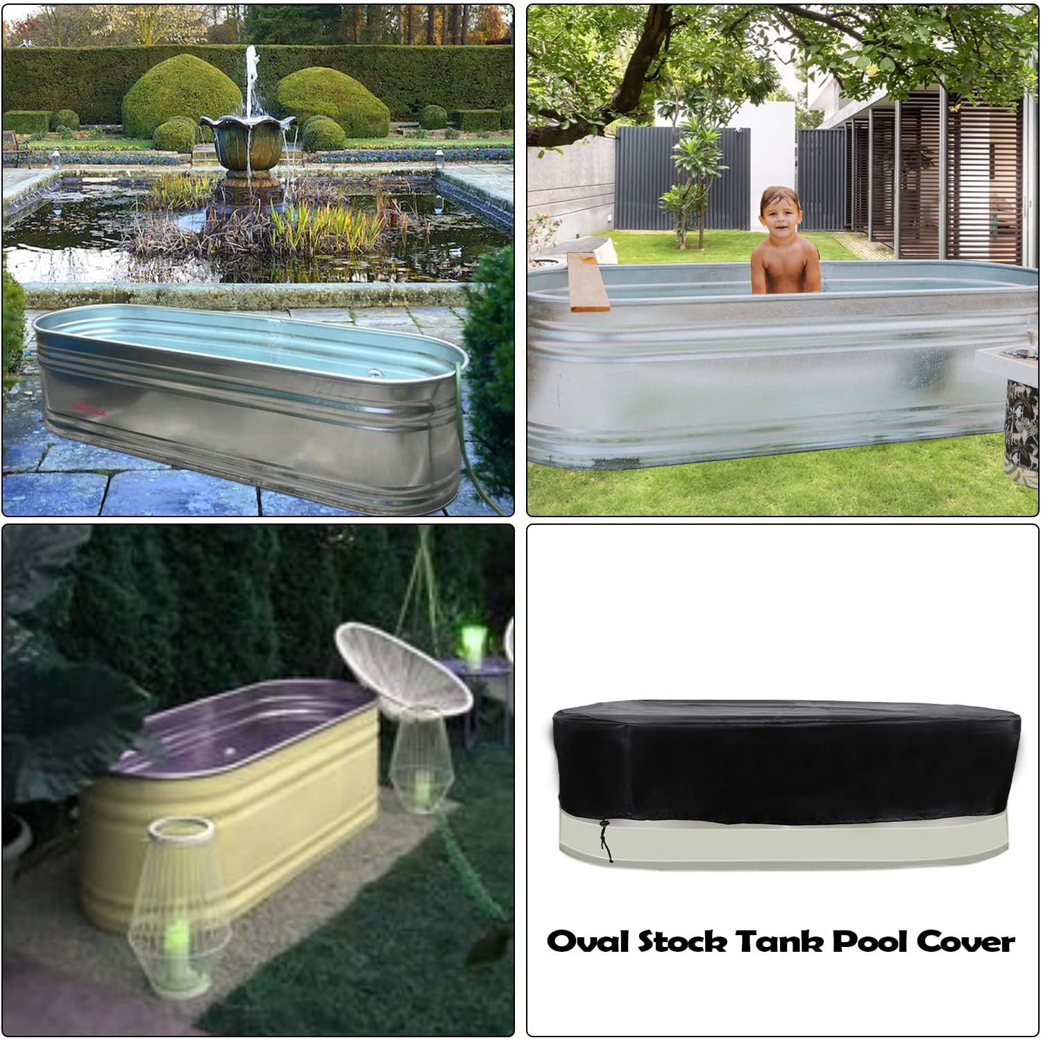 Oval Stock Tank Pool Cover, Waterproof Dustproof Steel Pool Cover Protector for Round End Farm Stock Tank to Keep Your Water Tank, Tub Clean 8ft x 3ft x 2ft