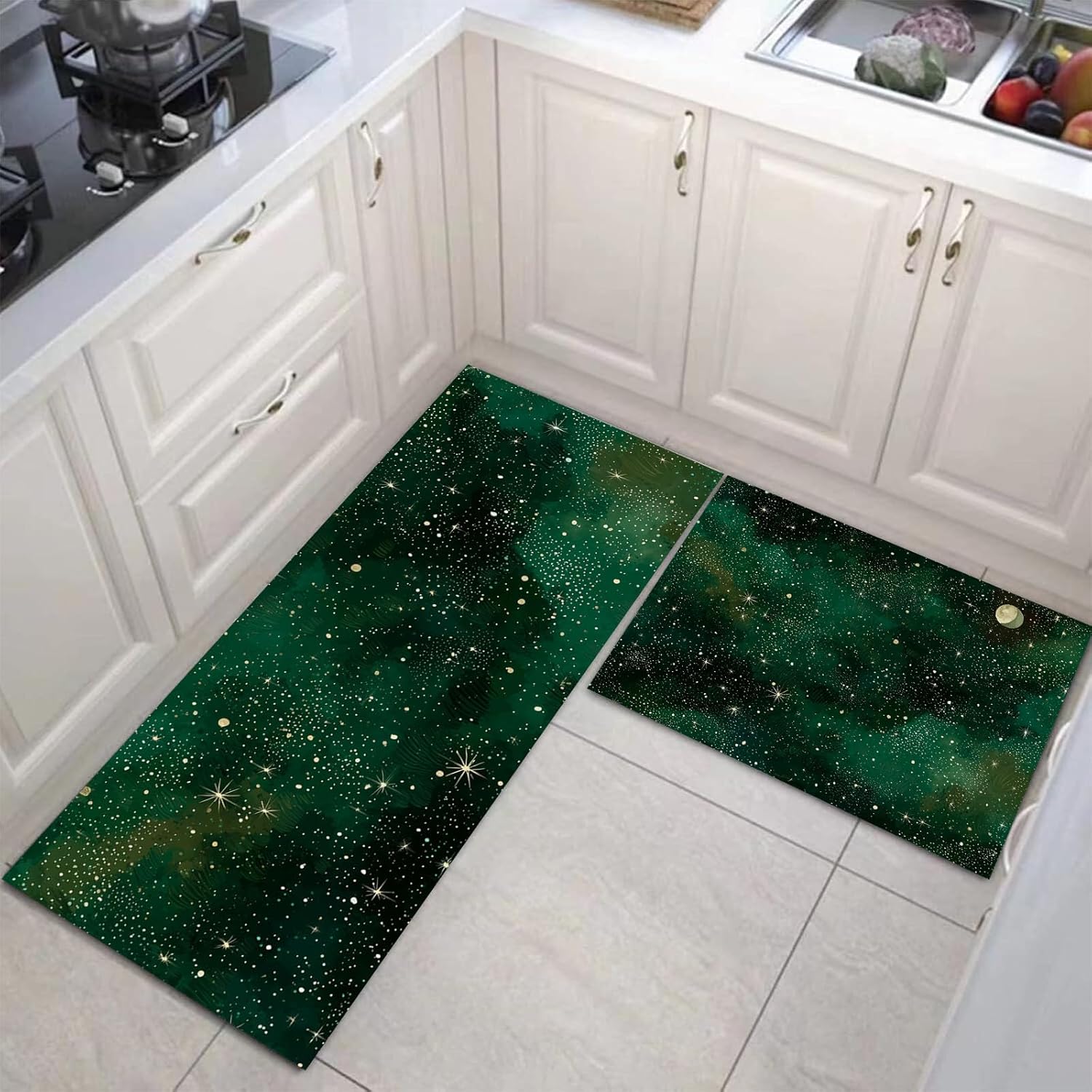 2 Piece Full Moon Starry Sky Kitchen Runner Rugs Set, Anti Fatigue Cushioned Kitchen Floor Mats, Fantasy Galaxy Rugs Non Slip, Emerald Green Washable Carpet Mats 20"X30"+20"X59"