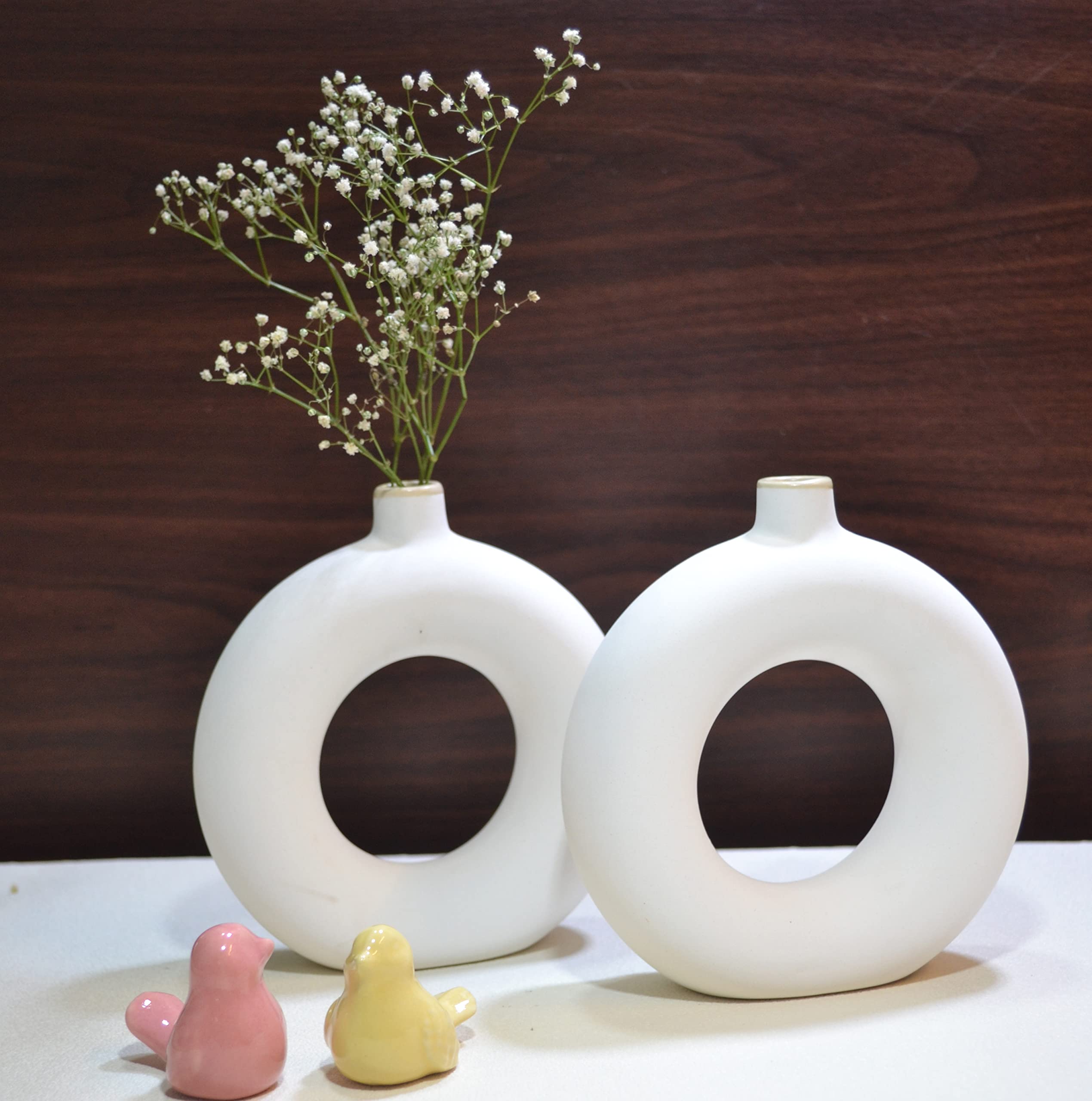 KREATIVE Art’S® White Donut Design Ceramic Vase Set of 2, Flower Vase, Pampas Grass Vase, Home Decor Centrepiece, (8 inch -Set of 2 pcs -White)