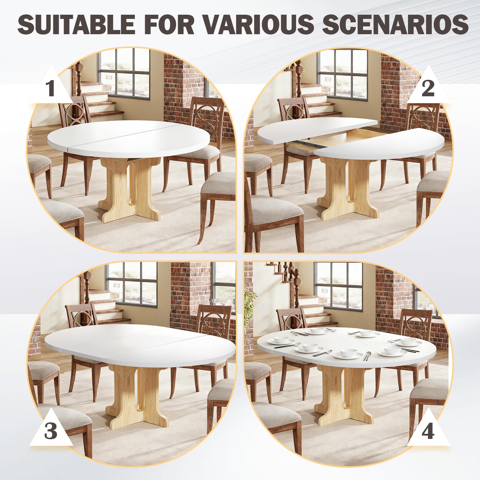 Tavolo da pranzo rotondo allungabile 90-120 cm, moderno per 2-8 persone, tavolo da cucina ovale con robusto telaio a colonna, salvaspazio, per cucina e sala da pranzo (bianco)