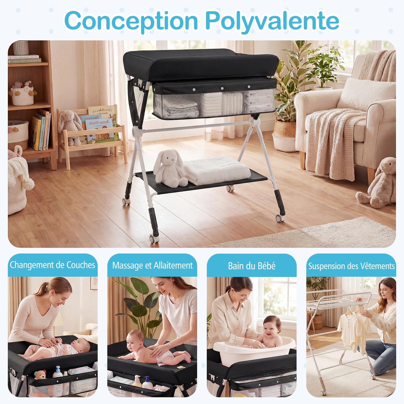 COSTWAY Table à Langer Pliante pour Bébé, Table à Langer Portable Réglable en Hauteur sur 3 Niveaux avec Roulettes Étagère et Panier, Station Organiseur Mobile pour Nouveau-nés (Noir)