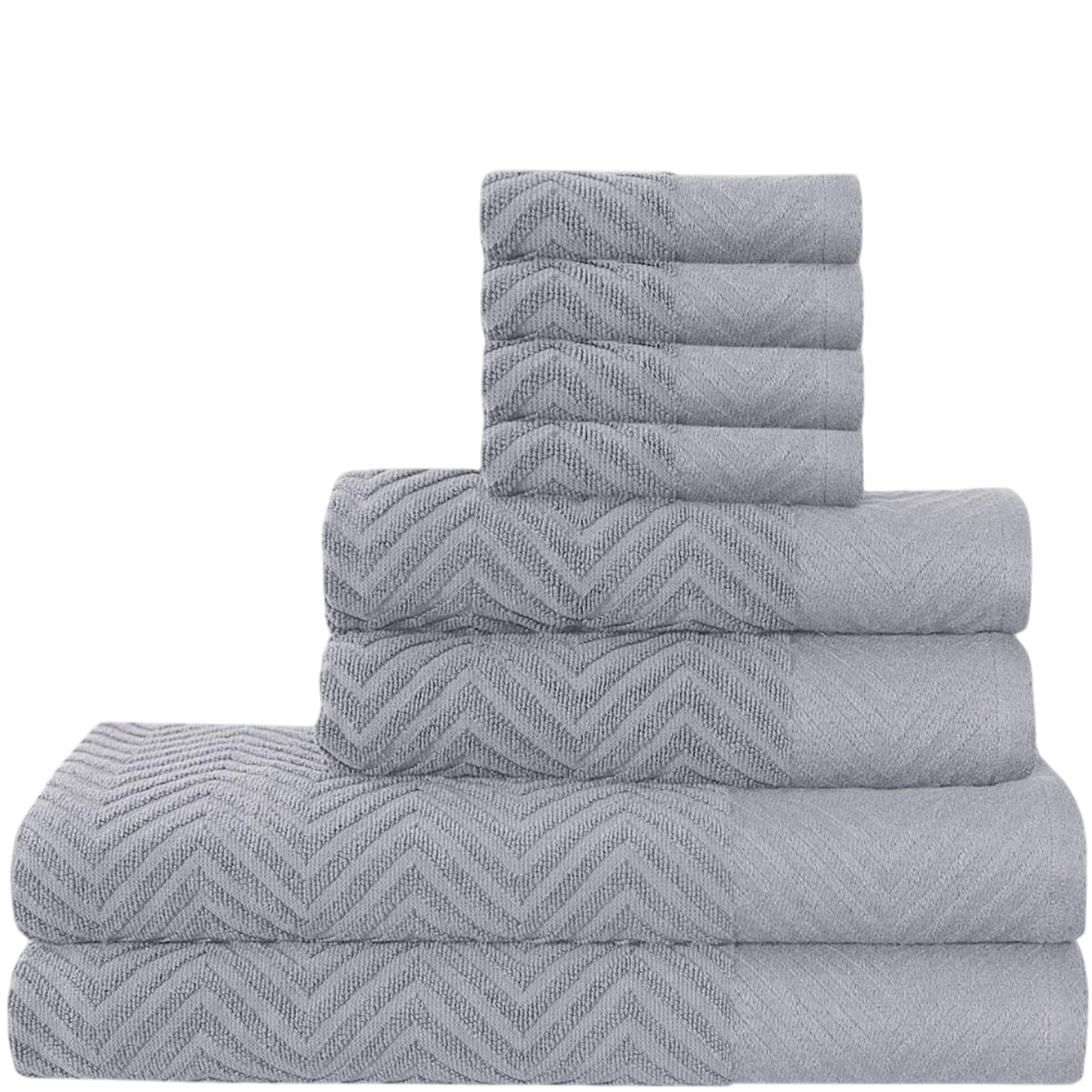 8-Piece Towel Set – 100% Natural Cotton, 600 GSM – Includes 2 Bath Towels, 2 Hand Towels, 4 Face Cloths – Ultra Soft, Highly Absorbent, Quick-Dry – Hotel Spa Quality Bathroom Bale Set (Silver Zig Zag)