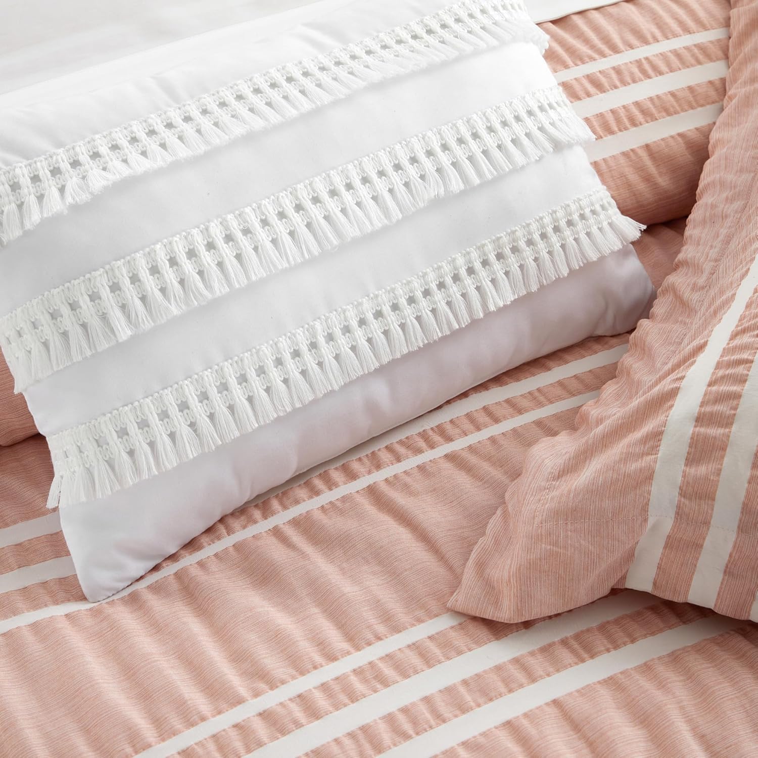 Chic Home Emma Queen 4-Piece Striped Seersucker Comforter Set, 2 Pillow Shams, 1 Decorative Pillow - Blush Pink