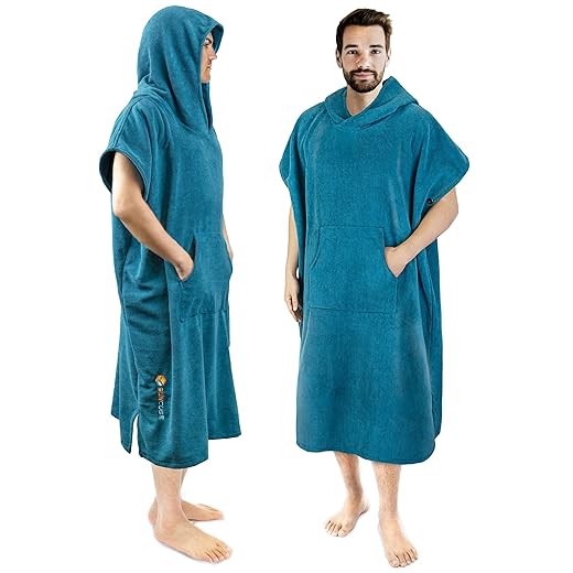 SUN CUBE Surf Poncho Changing Robe with Hood, Thick Quick Dry Microfiber Wetsuit Changing Towel for Surfing Beach Swim Outdoor Sports Men, Absorbent Wearable Towel Cover Up, Turquoise Sea Blue