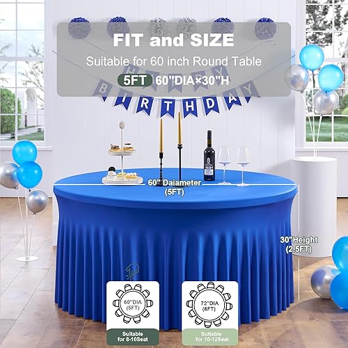 Miniatura 5 de Outpain Paquete de 6 manteles redondos de elastano azul real para mesas de 60 pulgadas, manteles redondos de 120 pulgadas elásticos de 5 pies,
