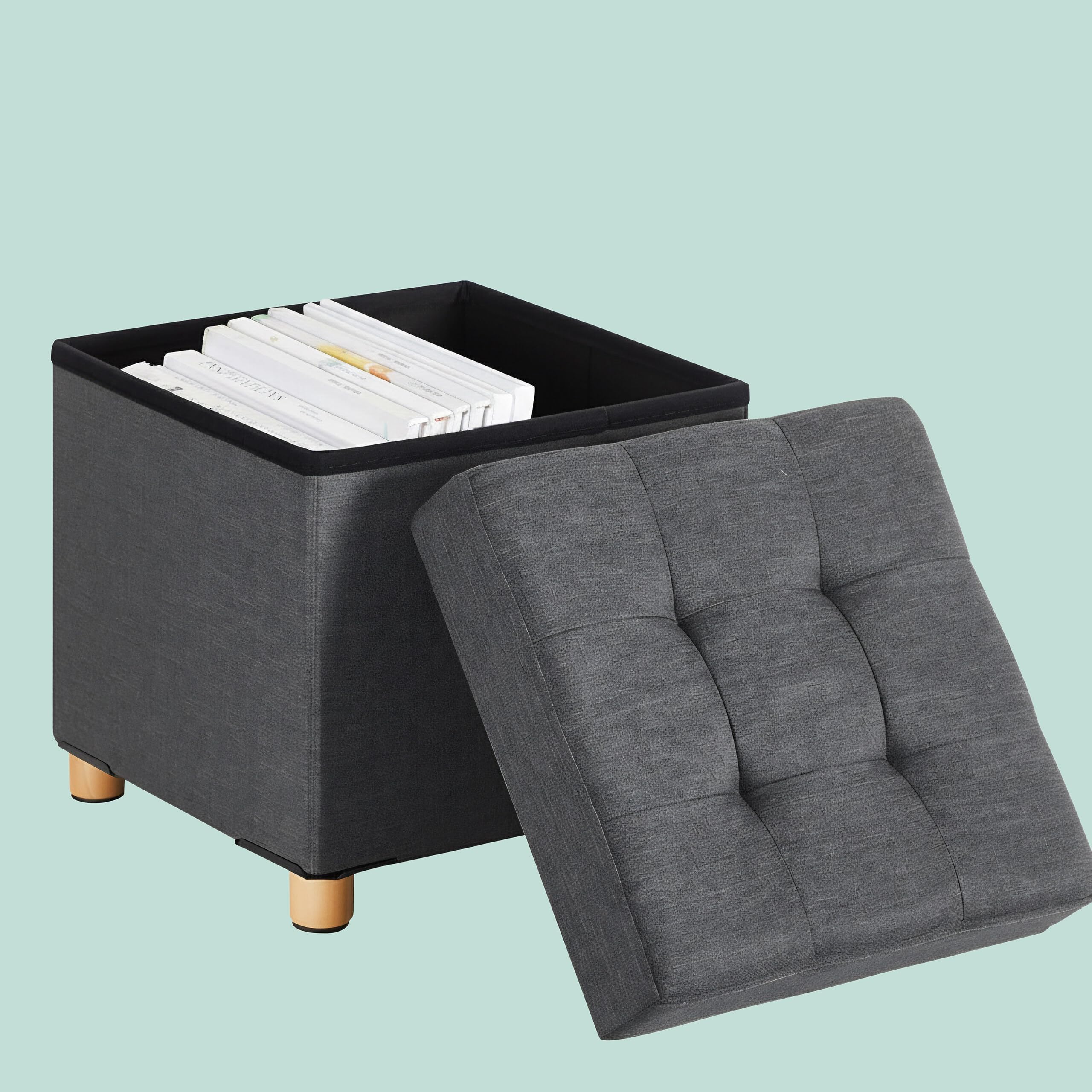 Relaxdays Taburete de Almacenamiento Acolchado 38x38x38 cm, Aspecto Lino, Patas de Madera, Gris Oscuro