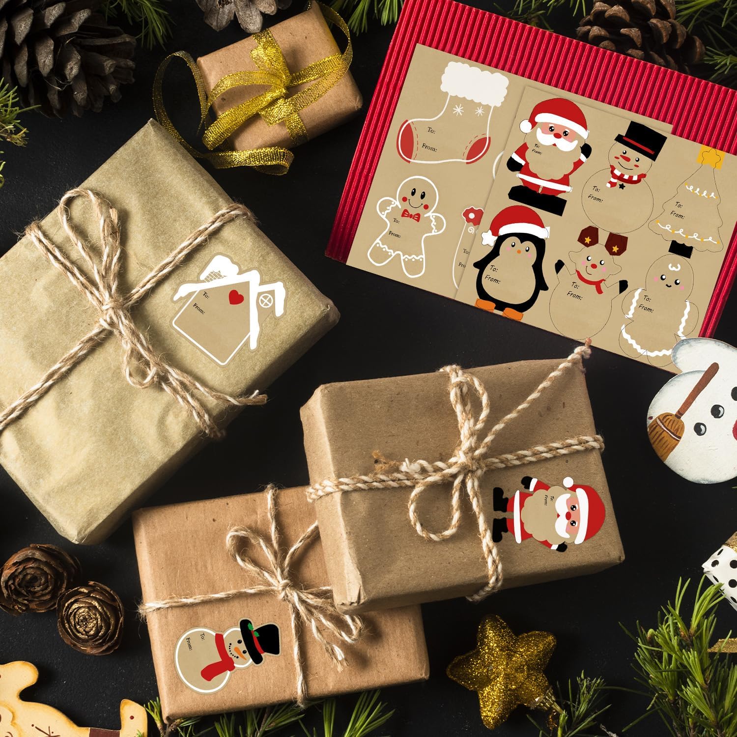Christmas Gift Tags Stickers, 96 Pcs Christmas Gift Box Labels Stickers, Natural Kraft Paper Self-Adhesive Christmas Name Tags for Xmas Gifts Wrap Presents Box Envelope Decor, 2×3 Inch - Image 5