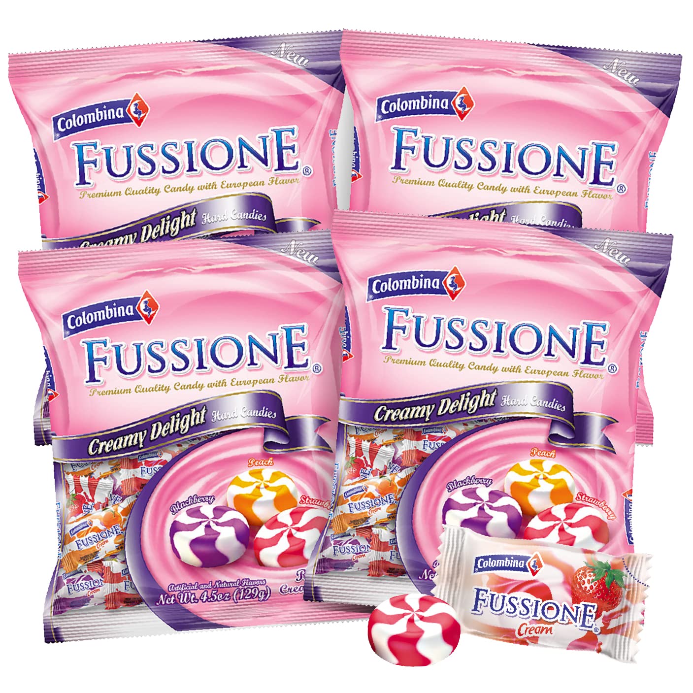 Colombina Fussione Creamy Delight Hard Candies, Strawberry, Blackberry, and Peach Flavored, Individually Wrapped, 4.5oz (Pack of 4)