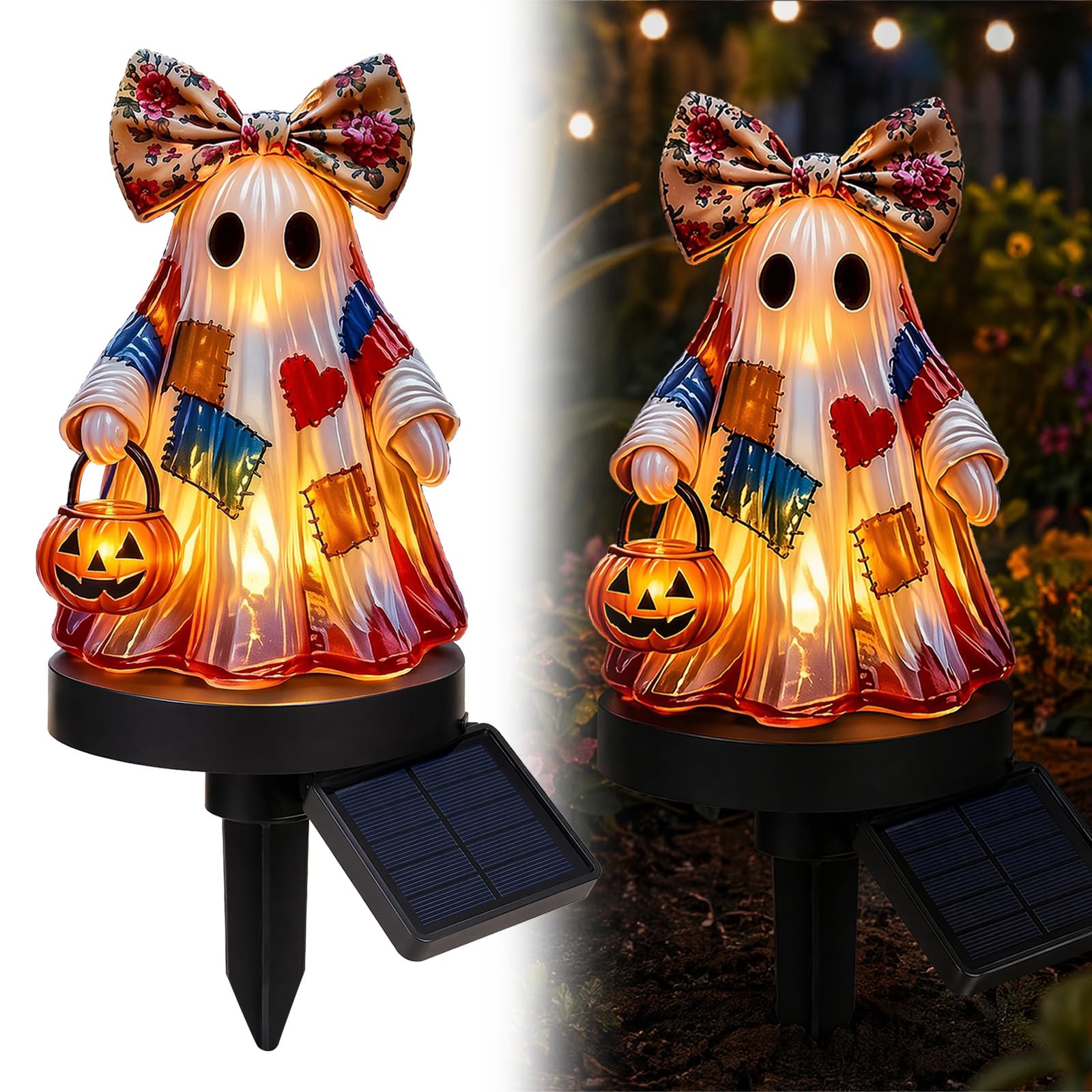 Vintage Patchwork Ghost Solar Stake Light, Solar Ghost Garden Stake Lamp