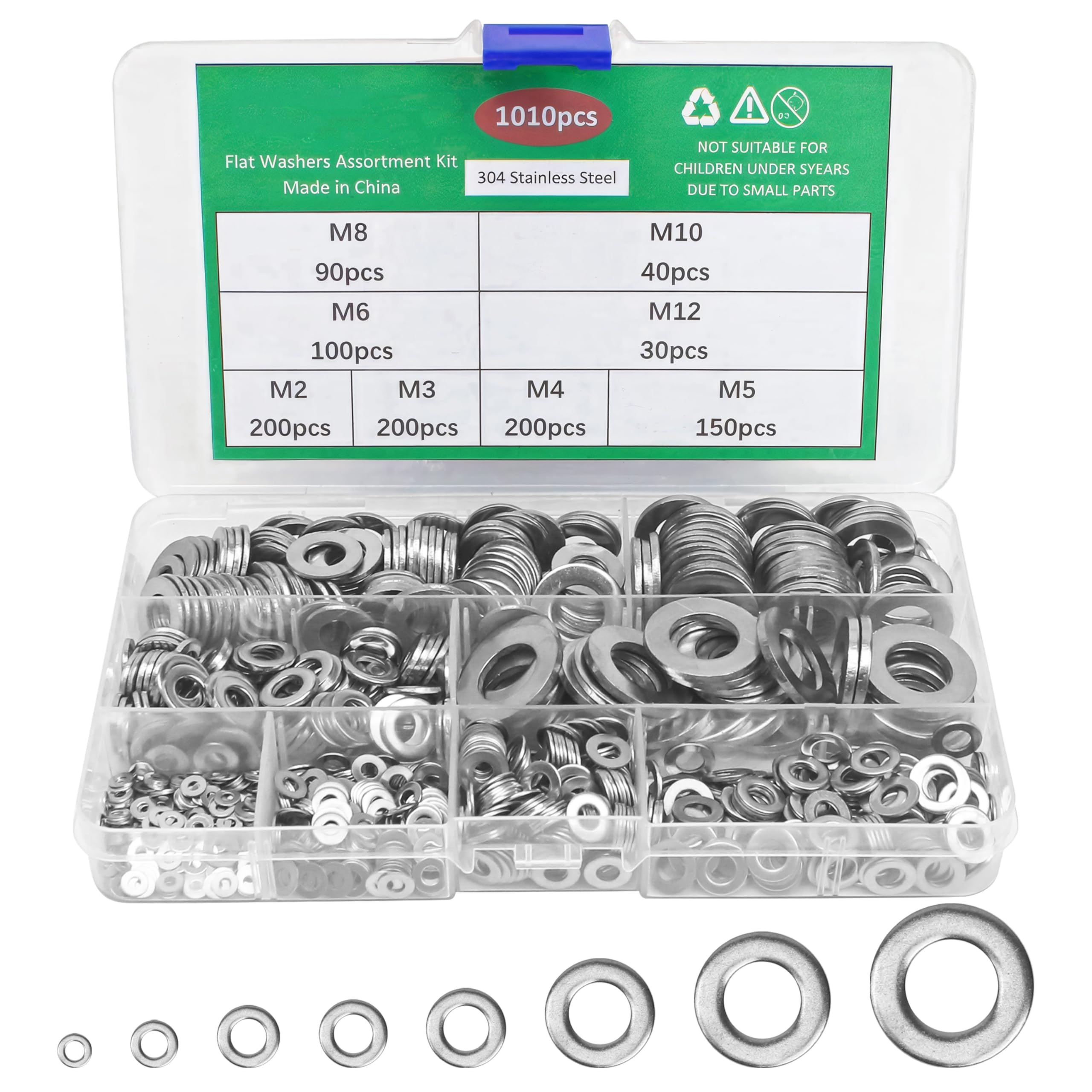 1010pcs Flat Washer Assortment Kit, 8 Different Metric Sizes (M2 M3 M4 M5 M6 M8 M10 M12), Stainless Steel Assorted Fender Washers Hardware for Screws