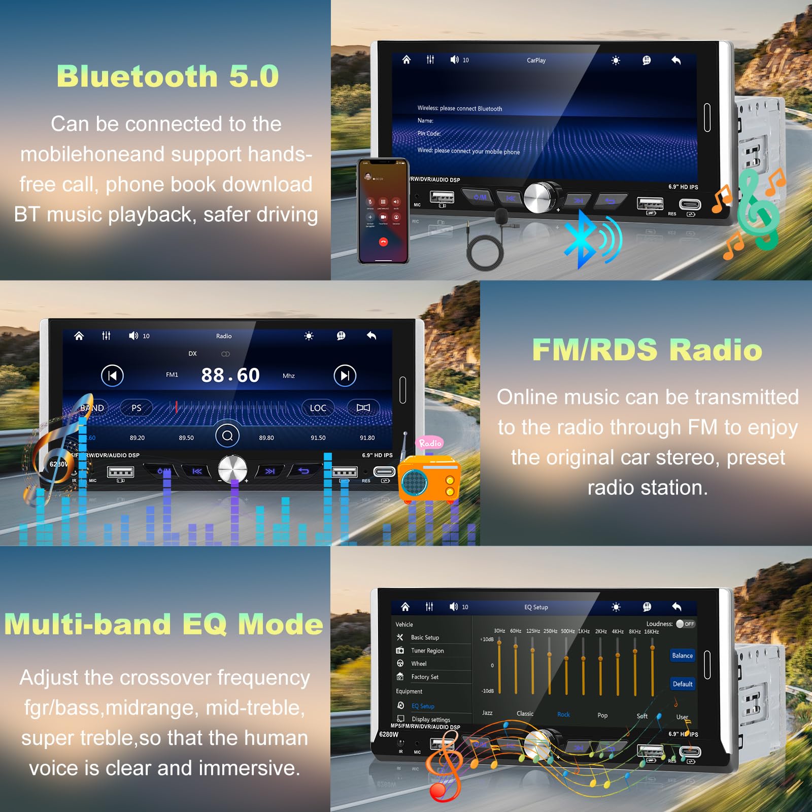 Podofo Autoradio 1 Din avec sans Fil Carplay Android Auto, Poste Radio Voiture Bluetooth avec écran D'autoradio de 6,9 ​​Pouces Connexion de Rétroviseur, Caméra de Recul et Le Microphone