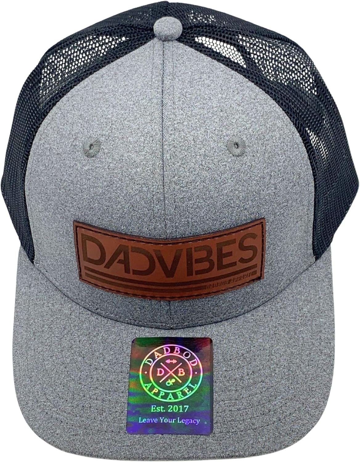 Curved Bill - Dad Vibes Leather Patch Classic Snapback Hat (Heather Charcoal/Black Mesh) Happy Dad Hat - Image 6