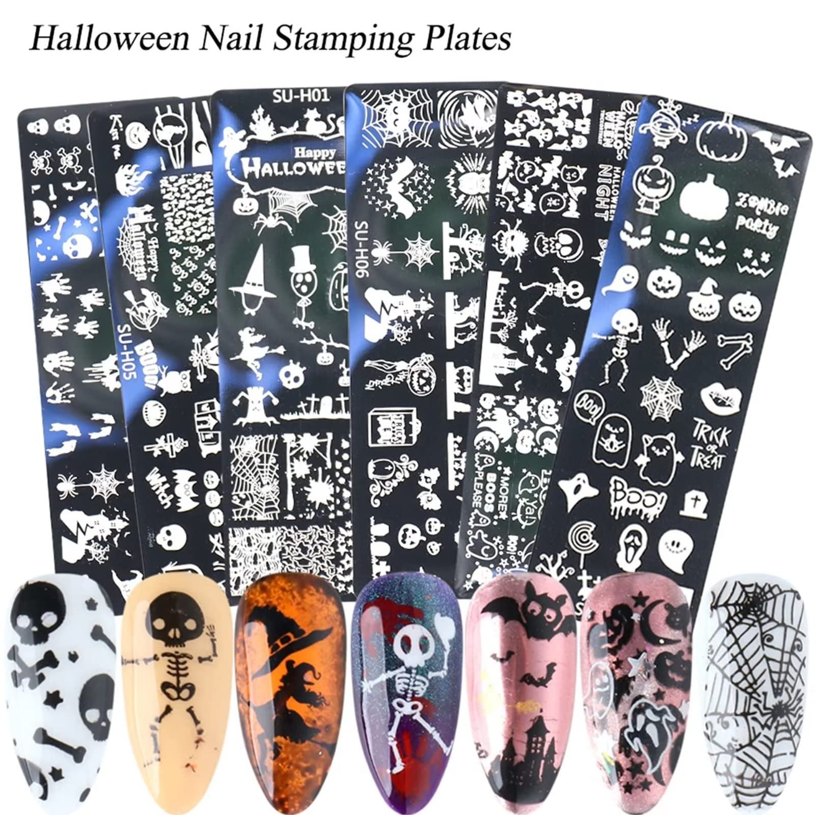 Halloween-Nagelkunst-Stempelplatten, 6-teilige Halloween-Nagelstempel-Plattenvorlagen Kürbis Grimasse Totenkopf Auge Urlaub Party Maniküre Schablonen Design-Werkzeug