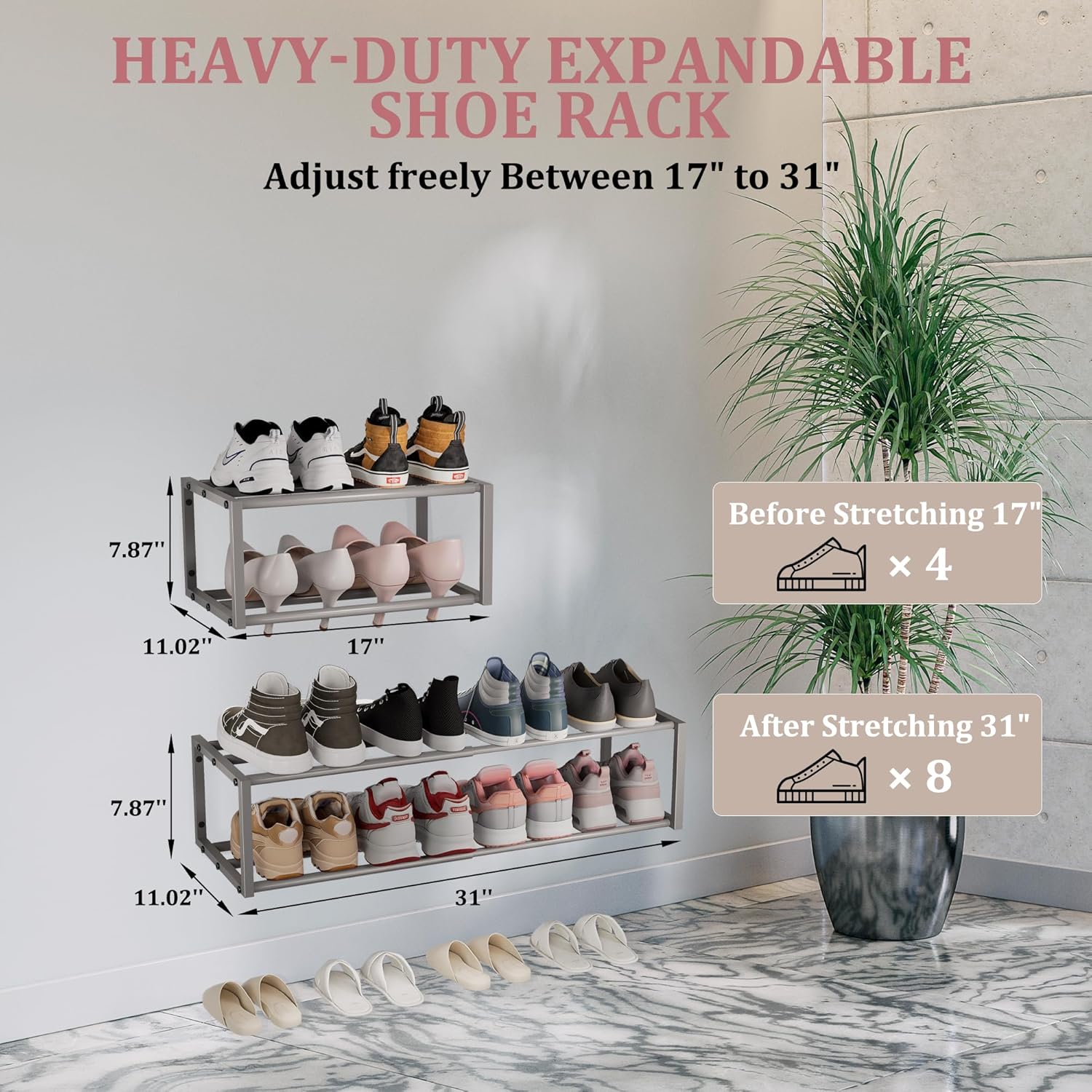 Expandable Wall Mounted Shoe Rack, 17"-31" Adjustable Hanging Shoe Rack Holds 8 Pairs, Heavy Duty Metal Shoe Holder with 2 Storage Hooks, Space Saving for Entryway Closet Doorway（Grey）