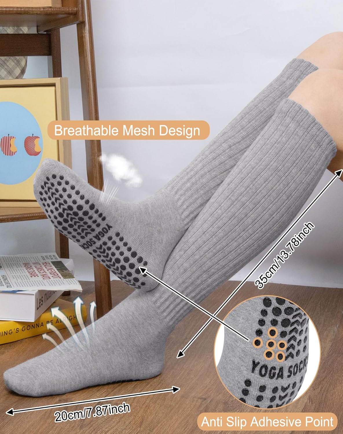 Grip Pilates Socks for Women, Non Slip Yoga Slouch Scrunch Socks with Grips for Barre Ballet Workout Hospital - Image 2