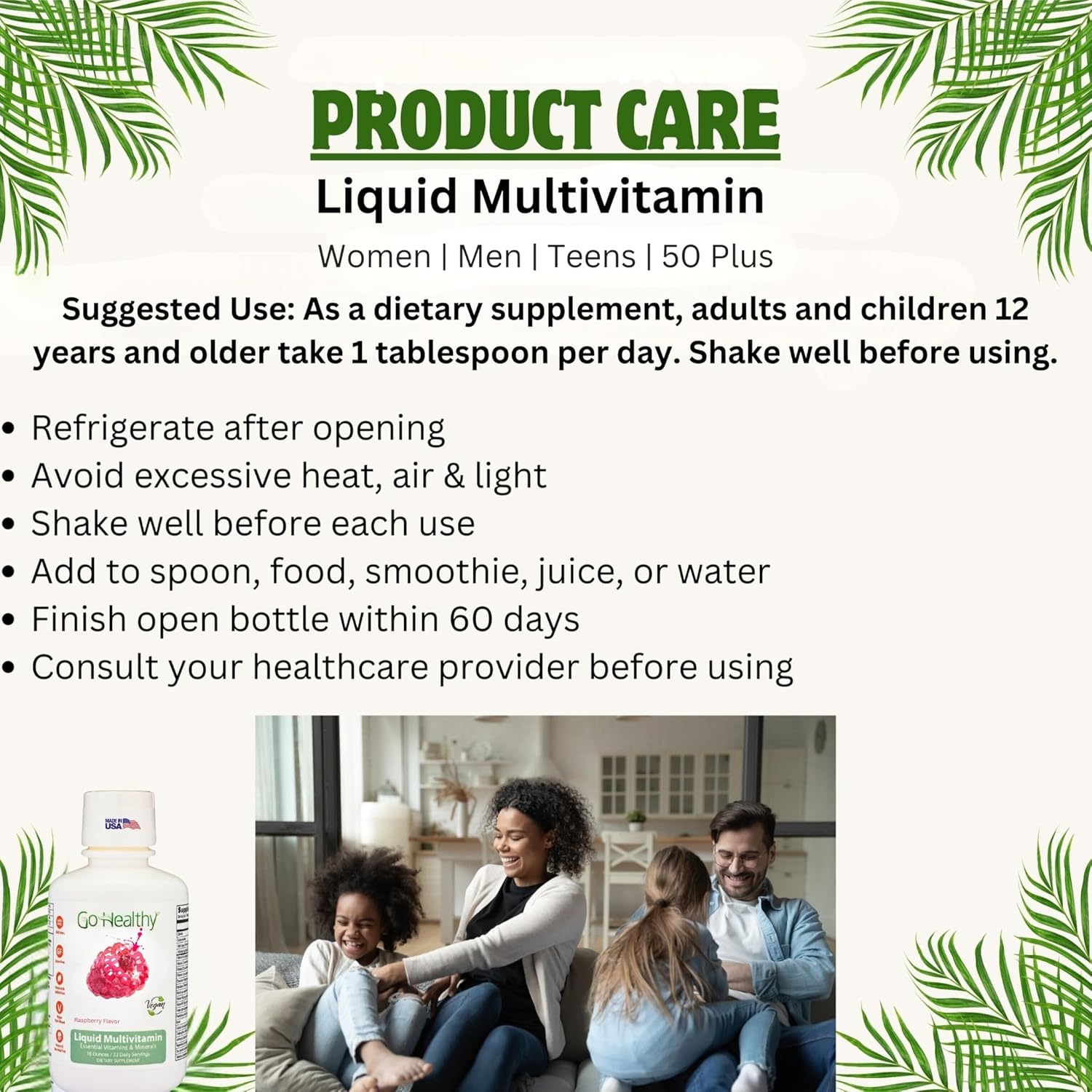Go Healthy Liquid Vitamins for Women, Men, Teens | Vegan Vitamin & Mineral | High Absorption | Premium Liquid Multivitamin | Immune Support | Raspberry - 32 Servings