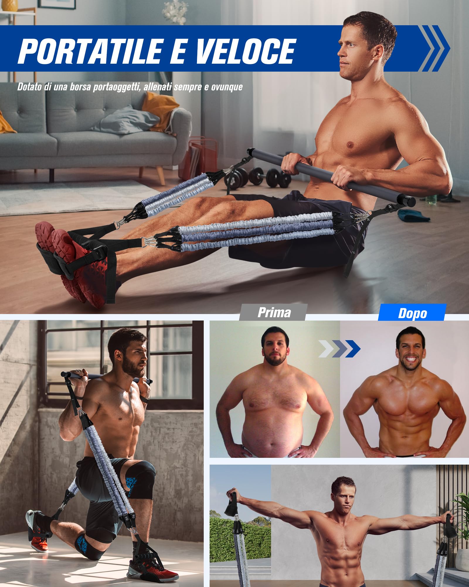 AlongSong Set Pilates con Fasce Elastiche (20-360 LBS), Barra Pilates a 3 Sezioni e Manuale di Istruzioni, Set Multifunzionale e Portatile per Il Fitness a Casa per Allenamenti in Famiglia