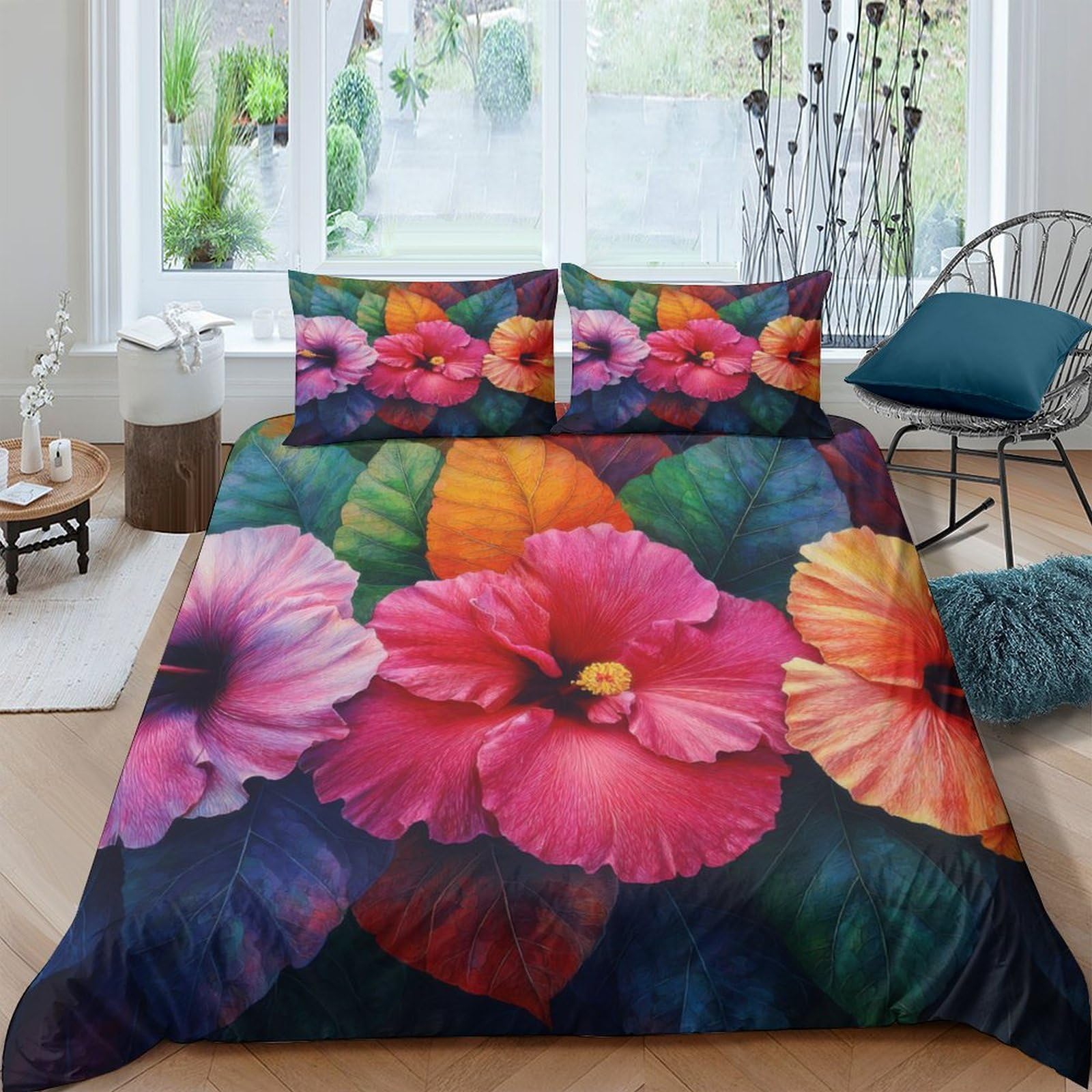 Housse de couette hibiscus Super King avec 2 taies d'oreiller
