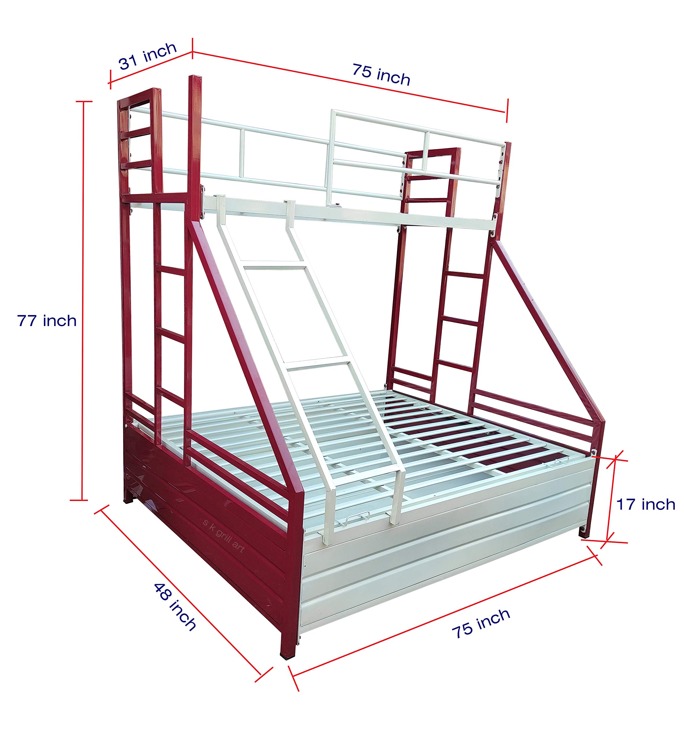 s k grill art Metal Bunk Bed for Adults with Storage β Powder Coated Matte Finish (with Mattress, Bottom 4' x 6' & Top 2.5' x 6')