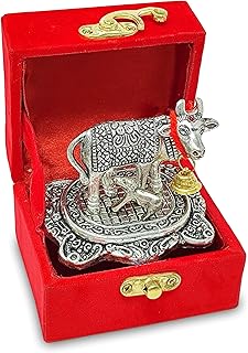 Nobility Pooja Items Diwali Gift Golden Small Kamdhenu Cow and Calf with Red Box Metal Statue Decorative Item Showpiece fo...