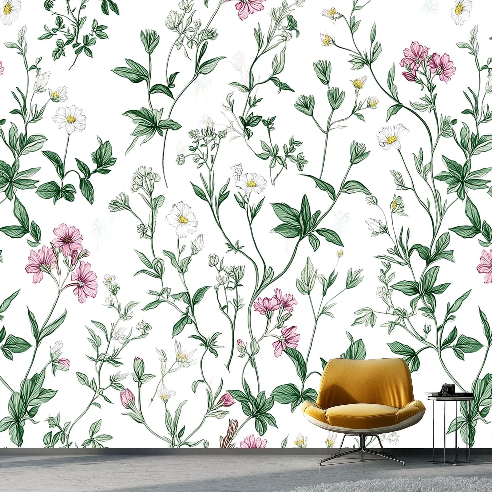 Papeles pintados 300 x 210 cm, Acuarela Textura Flores Hojas Papel pintado tejido-no, decoración de pared fotografía moderna diseño murales Vistoso