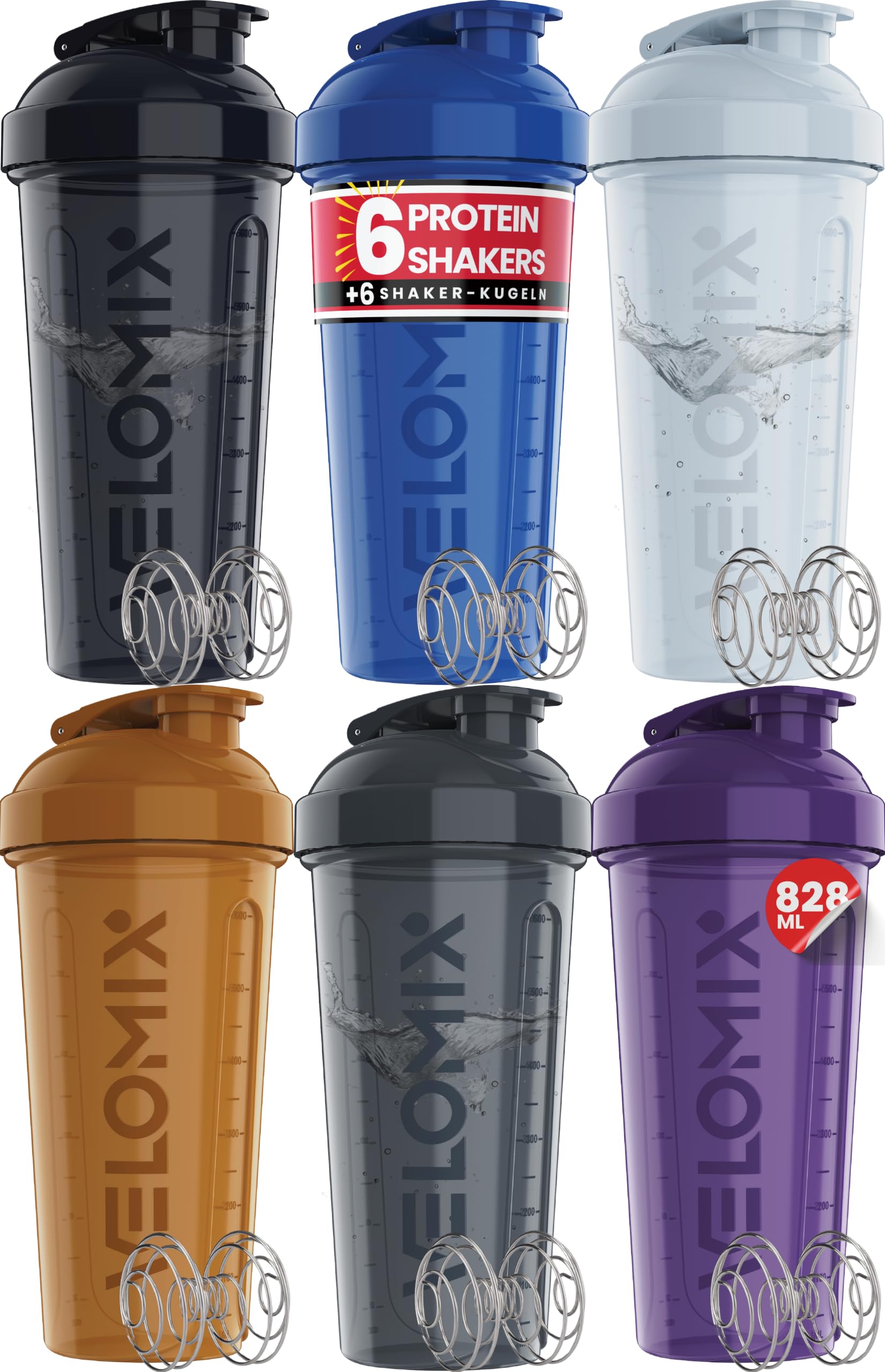 VELOMIX Protein-Shaker-Flasche für Proteinmischungen, 6 x Drahtbesen, auslaufsichere Shaker-Becher für Protein-Shakes, Protein-Shaker-Flaschenpack, Protein-Shaker-Becher (Elemental Mix), 6 Stück