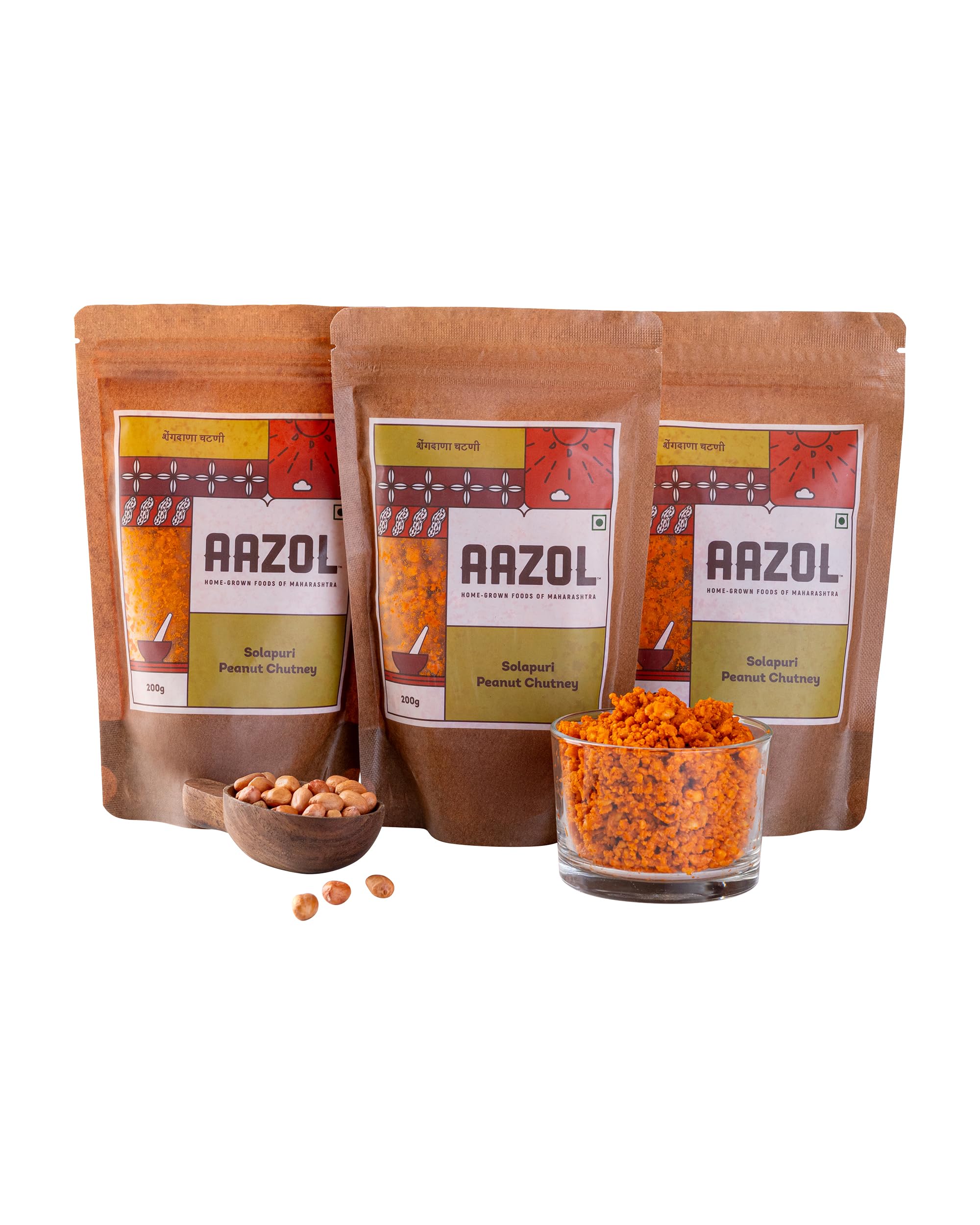 Aazol Solapuri Peanut Chutney - 600g (200g - Pack of 3) | Mungfali/Shengdana Chutney | Authentic Solapuri Recipe | Spicy & Crunchy | Ready to Eat