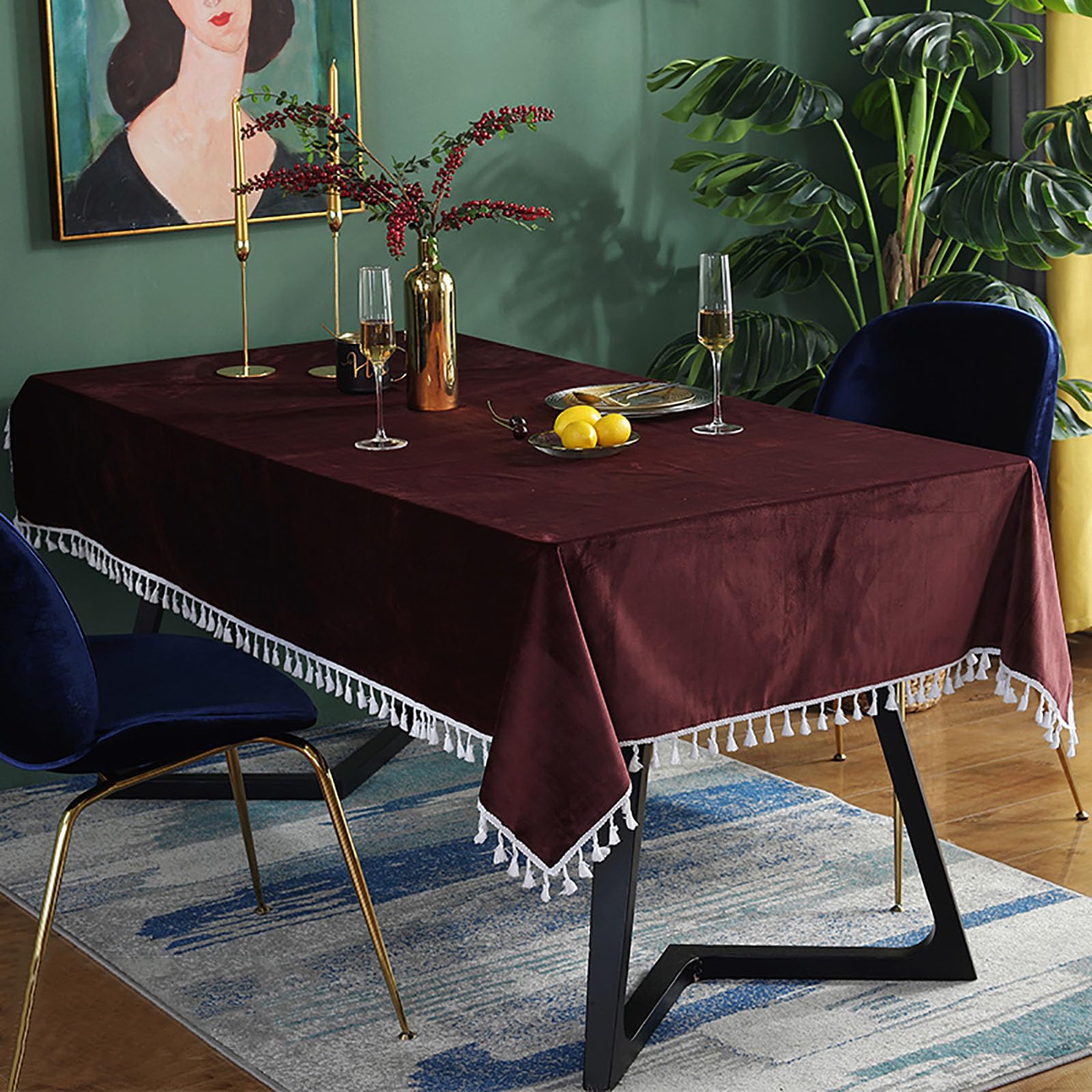Luksusowy aksamitny obrus miękki bawełniany prostokątny obrus na stół z frędzlami, elegancka dekoracja stołu do domu, restauracji i hotelu 140 x 220 cm (55 x 87 cali)