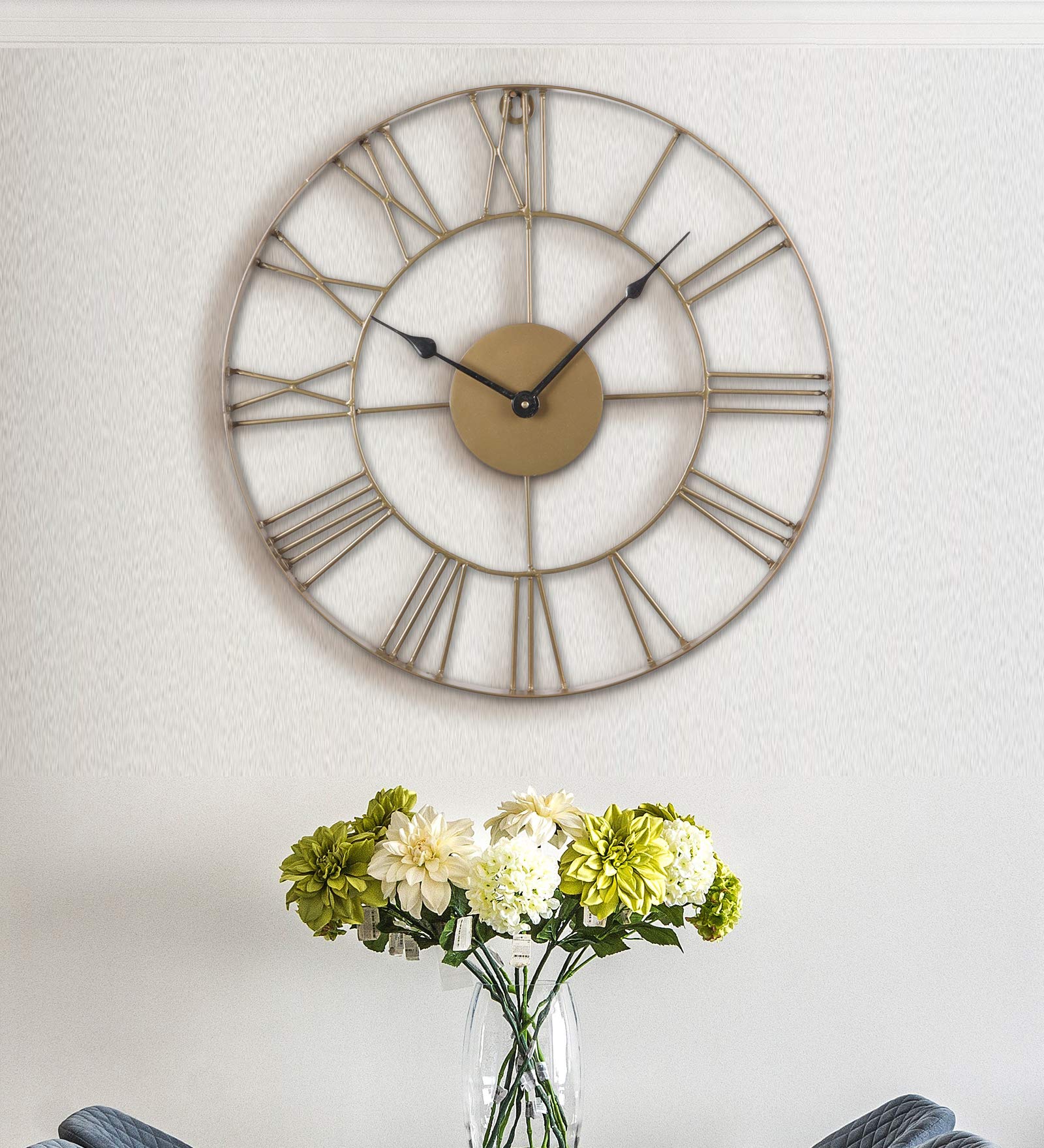 TrenDec 18" Antique Gold Skeleton Metal Wall Clock for Home Office Decor