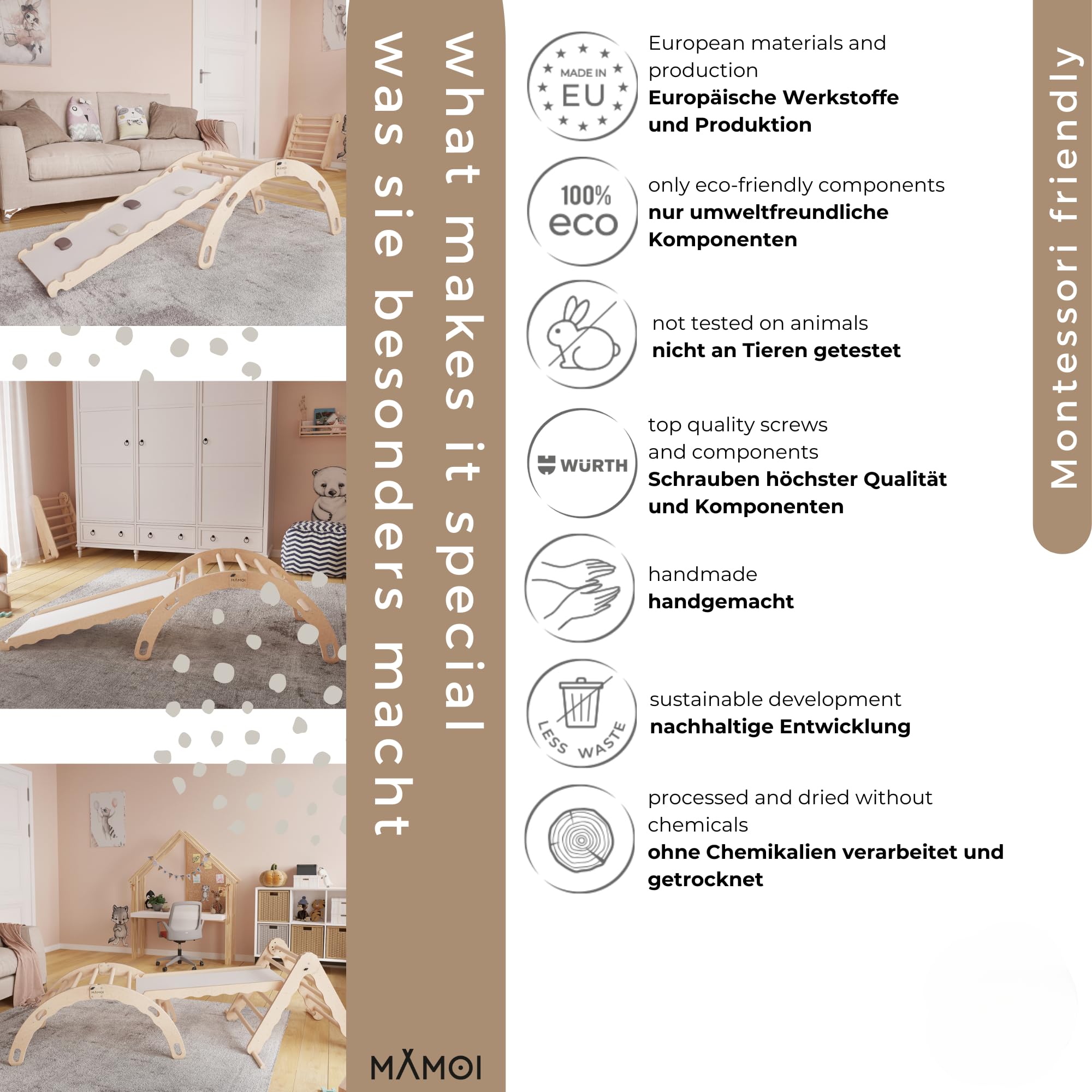 MAMOI® Kletterbogen mit Rutsche, Kletterdreieck, Klettern, Klettergerüst aus Holz, Holzbogen, Rutschbrett für Spielplatz, Klettergerüst Indoor
