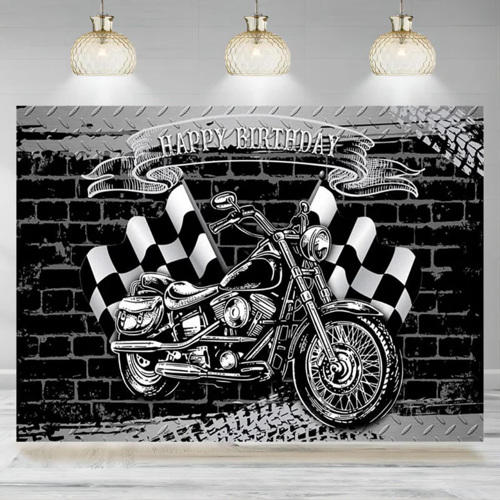 Motocykl urodziny impreza tło fotograficzne fajne czarno-białe flaga cegła ściana tło urodziny impreza dekoracja 440 x 300 cm