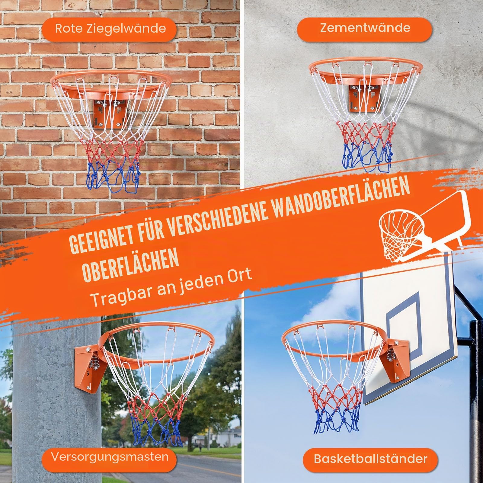 VEVOR Basketball-Felge, an der Wandtür montierter Basketballkorb, robuster Q235-Basketball-Flex-Rand-Torersatz mit Netz, Standard-18-Zoll-Hänge-Basketballkorb für den Innen- und Außenbereich für Kinde
