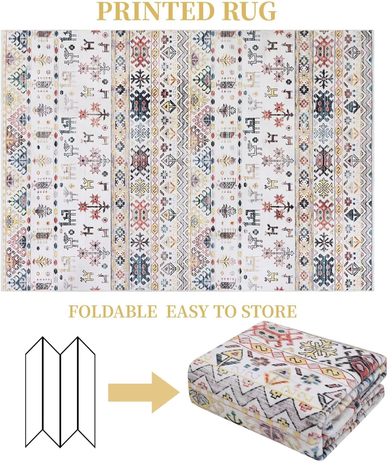 GlowSol Moroccan Washable Area Rug 4x6 Boho Abstract Rug Carpet Low-Pile Rug for Bedroom Living Room, Non-Slip Tribal Print Distressed Accent Rug for Nursery Room Kitchen Office