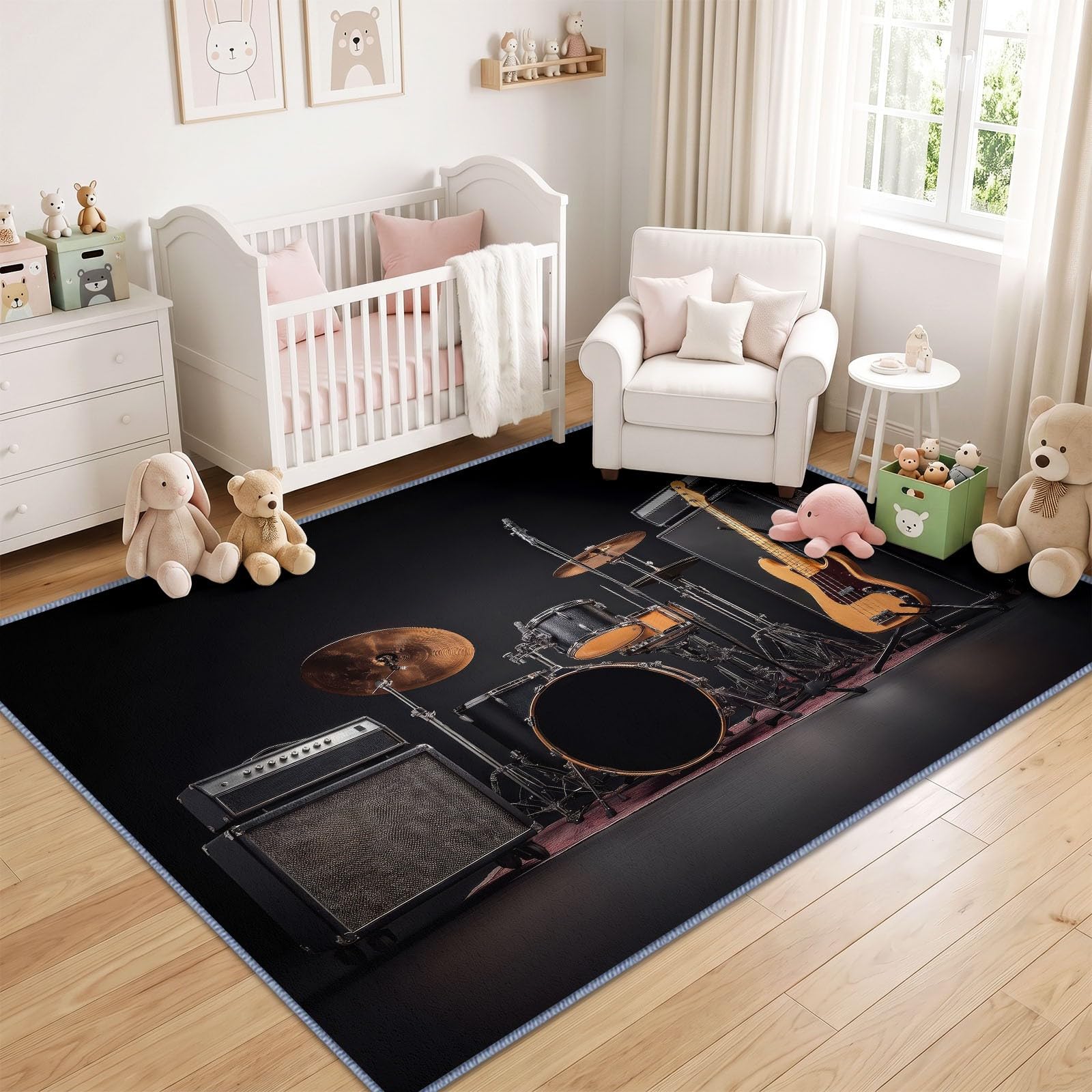Générique Batterie, Basse Tapis de Salon Lavable 160x230 cm，Lavable Noir, Musique - Antidérapant et Lavable en Machine - Poils Courts - Douce - pour Salon, Chambre ou Bureau