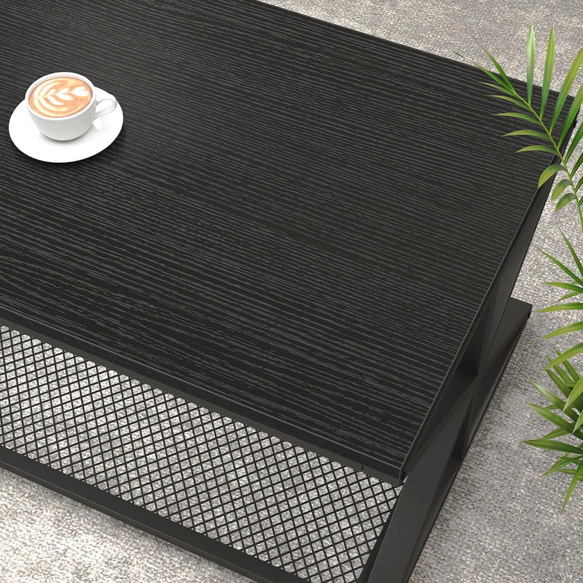 IBF Couchtisch mit Stauraum Wohnzimmertisch aus Holz Metall Industrieller Moderner Couch Wohnzimmer Tisch Mitteltisch mit Netzablage für Wohnzimmer Küche Schlafzimmer, Schwarze 120B cm