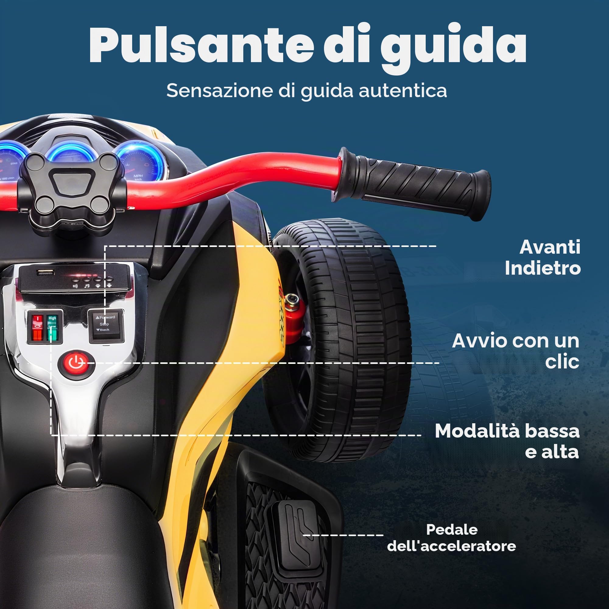 AIYAPLAY 12V Quad Elettrico per Bambini 3 Ruote 3-8 Anni Giallo | Avanti/indietro, lettore MP3, clacson, 2 velocità, luci LED, veicolo bambini 3-5 km/h.