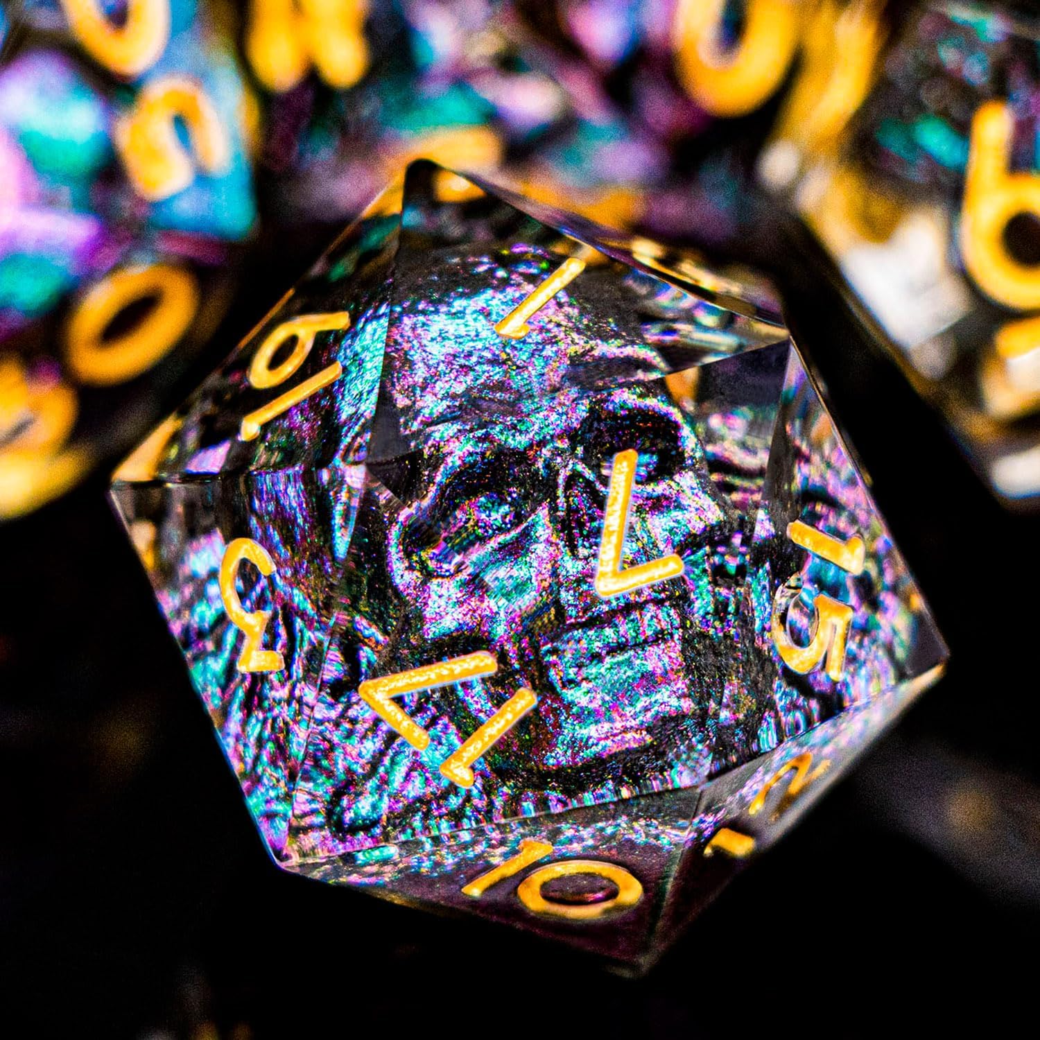DND Skull Dice Set 7PCS Necromancer Polyhedral Dice for Dungeons Dragons RPG Role Playing Game, Resin Sharp Edged D and D Dice with Gift Box D6 D8 D10 D12 D20 (Purple Green)
