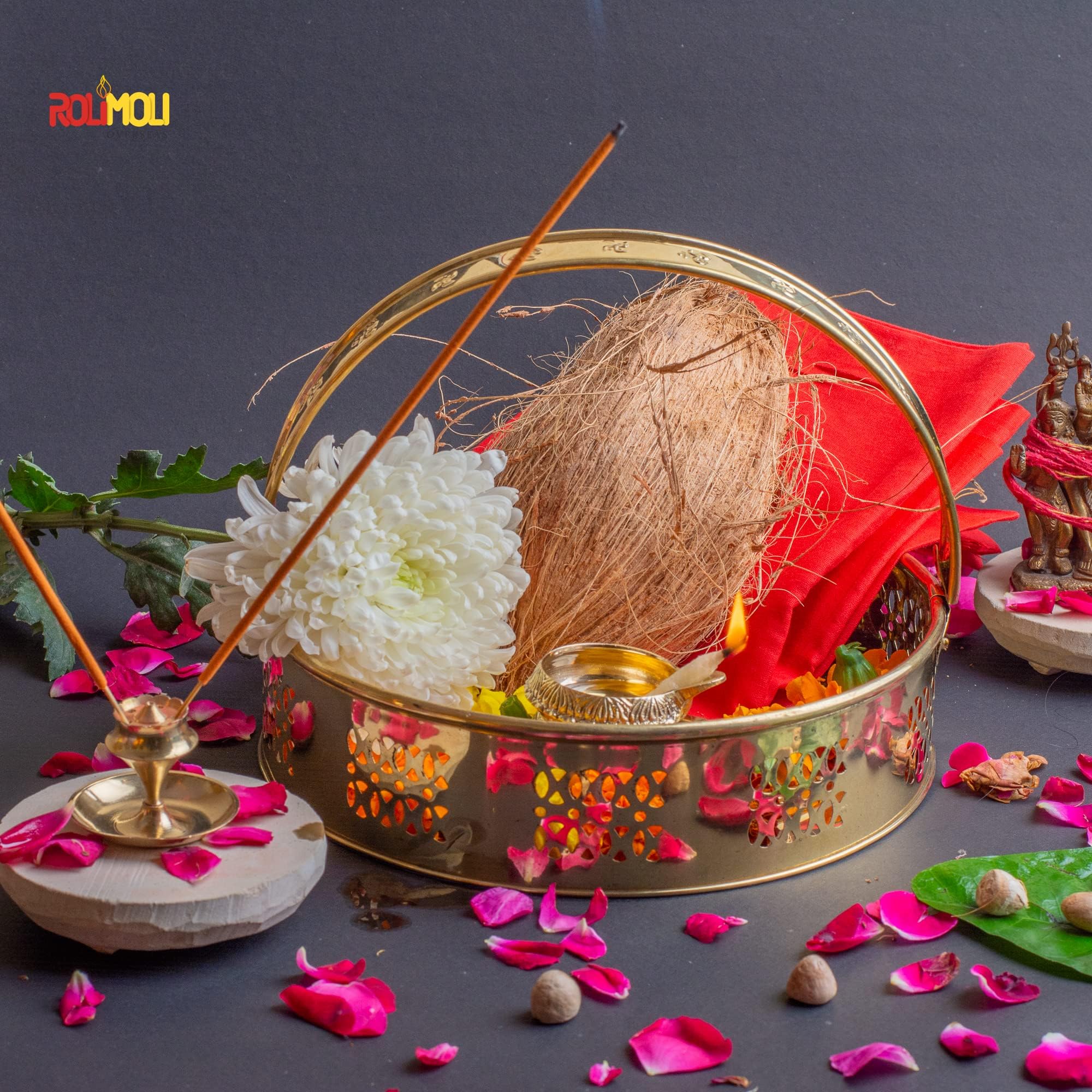 ROLIMOLI New Center Laxmi Design Brass Basket Circle Shaped for Pooja ghar 21 cm Diameter (Gold) 1