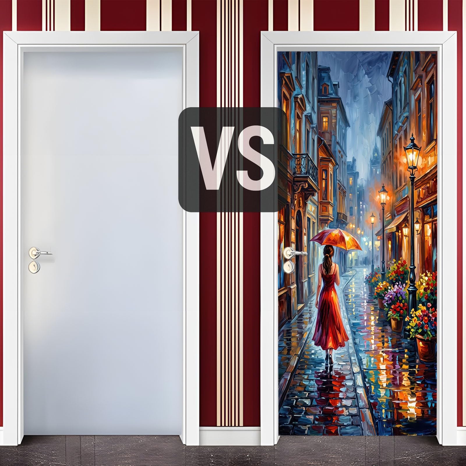 Szary obraz olejny, folia na drzwi, plakat 90 x 200 cm – wodoszczelna, zdejmowana naklejka na drzwi z PCW, ulica miejska, wzór kobiety, samoprzylepna, naklejka ścienna do łazienki, kuchni, dekoracja