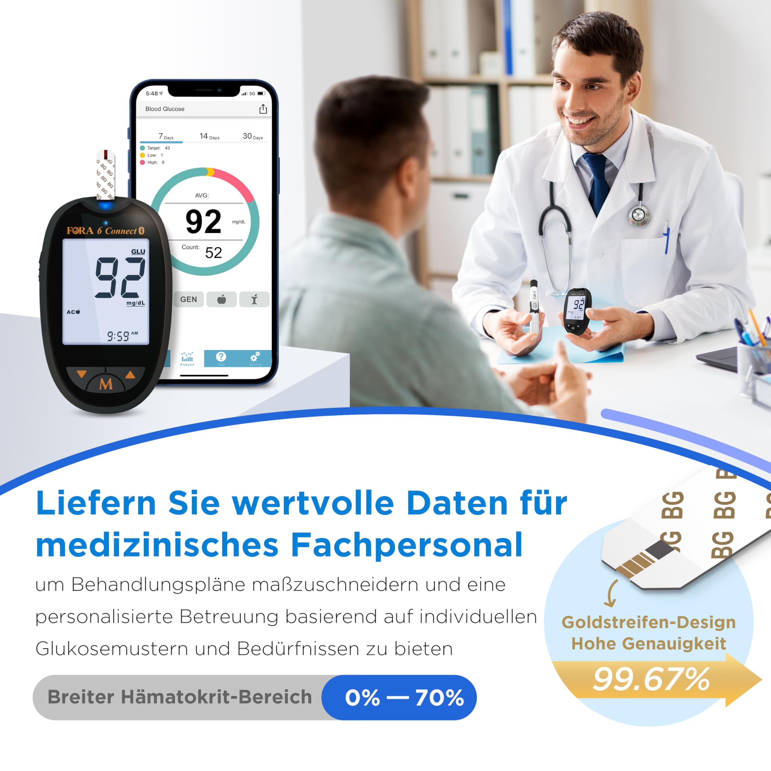 FORA 6 Connect Glucometro Bluetooth – Kit Misuratore Glicemia con 100 Strisce