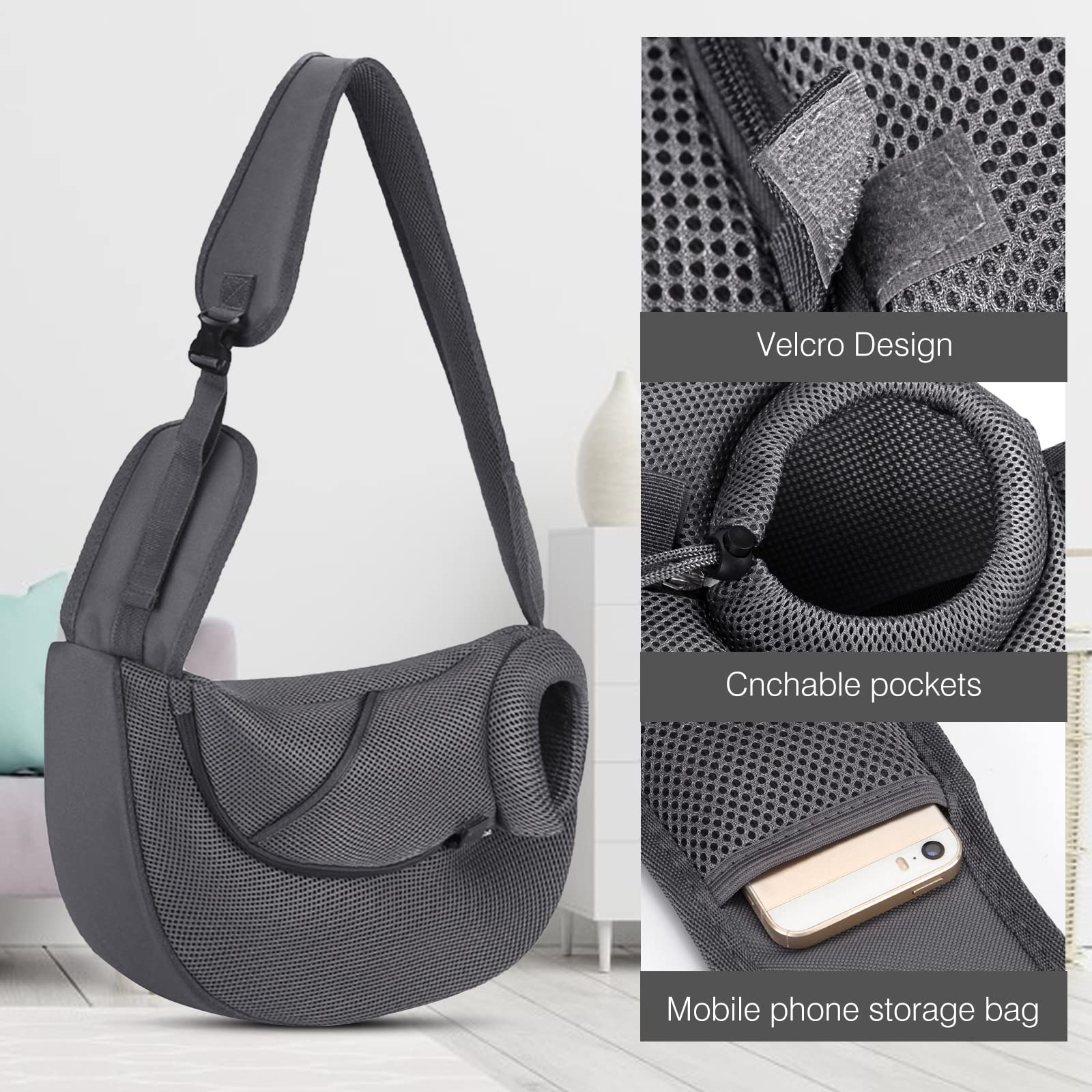 PETCUTE Sac de Transport Chien,Mains Libres,Portable Sac à Bandoulière Chien Chat,Réglable Sac de Voyage pour Petits Animaux avec Maille Respirant,Poche pour Extérieur Marche Métro,L