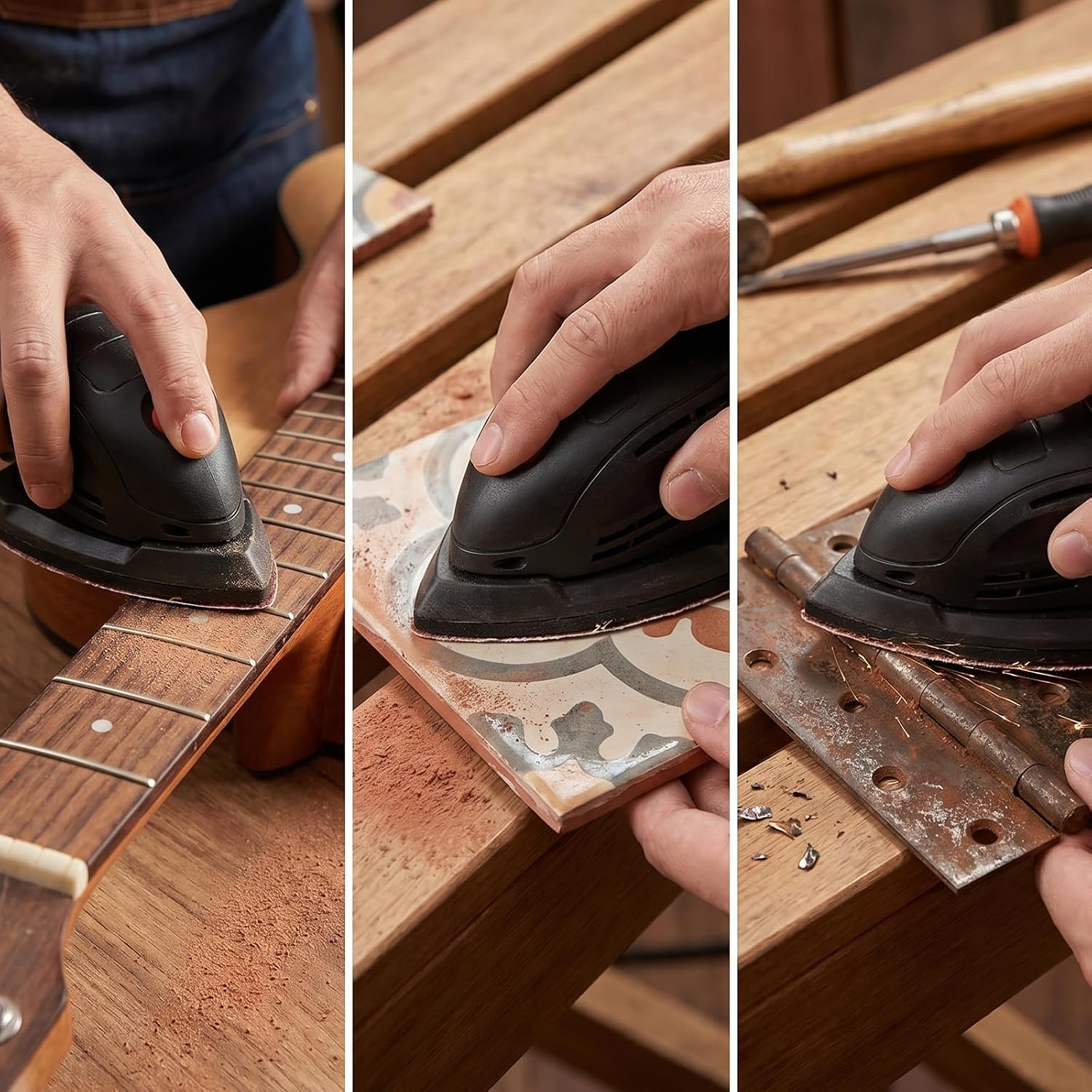 Detail Sander Sandpaper Kit – Assorted Grits 40/60/80/120/180/240 | 60-Piece Hook & Loop Sanding Pads with Holes, Mouse Rectangle Finger Sander for Wood, Metal, Paint Polishing