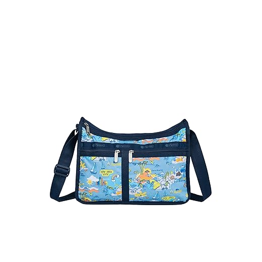 LeSportsac City Retreat Deluxe Everyday Crossbody Bag + Cosmetic Bag, Style 7507/Color F953, Ultimate New York City & Hamptons/Montauk Iconic Graphic Design: Beaches, Boating, Jitney & Bicycling