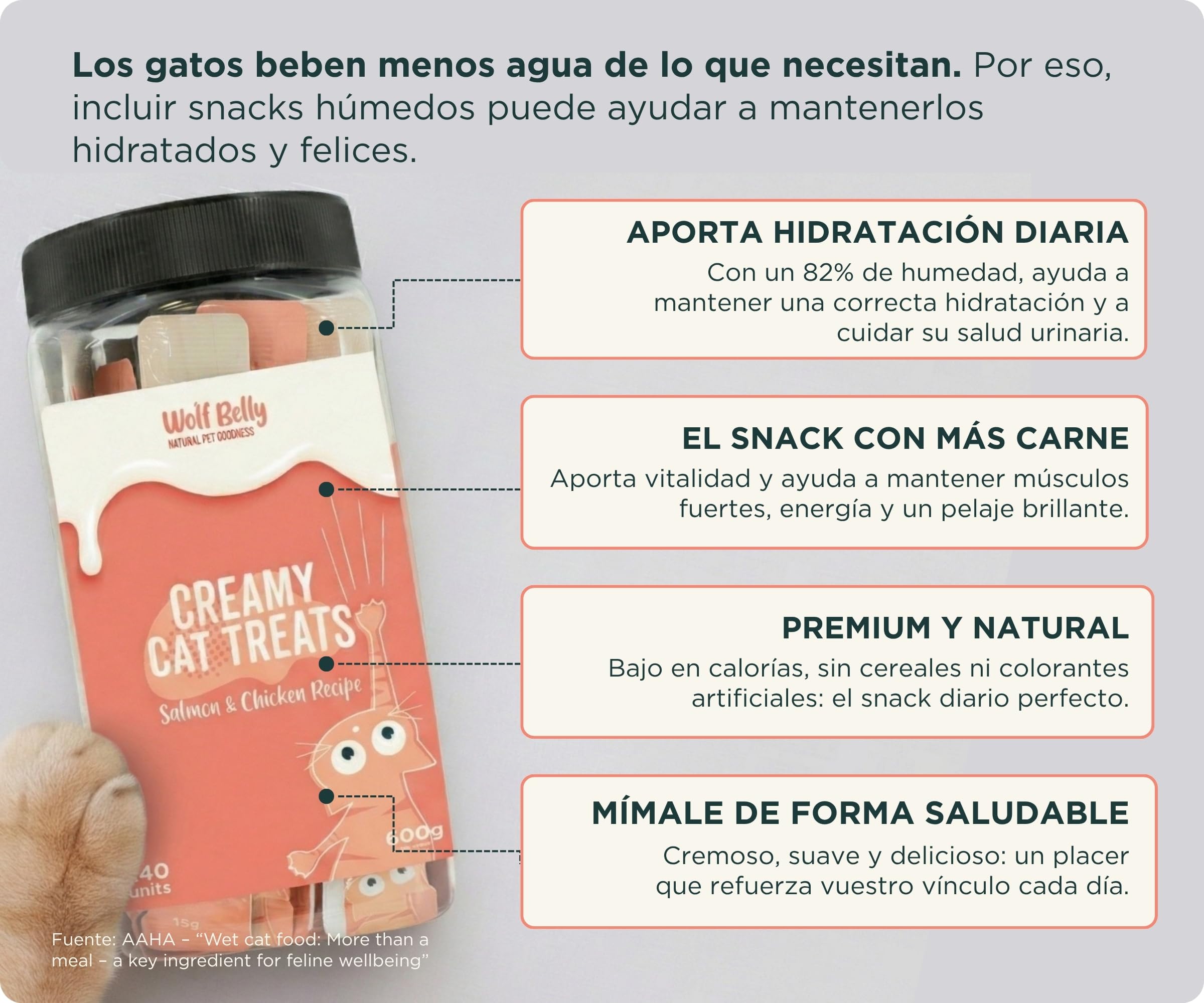 Wolf Belly - Snacks Gatos de Salmón y Pollo (40 uds x 15g) Textura Cremosa | Chuches Saludables y Deliciosas | Altos en Proteínas y Omega 3 | Sin Cereales ni Colorantes Artificiales - Hecho en España