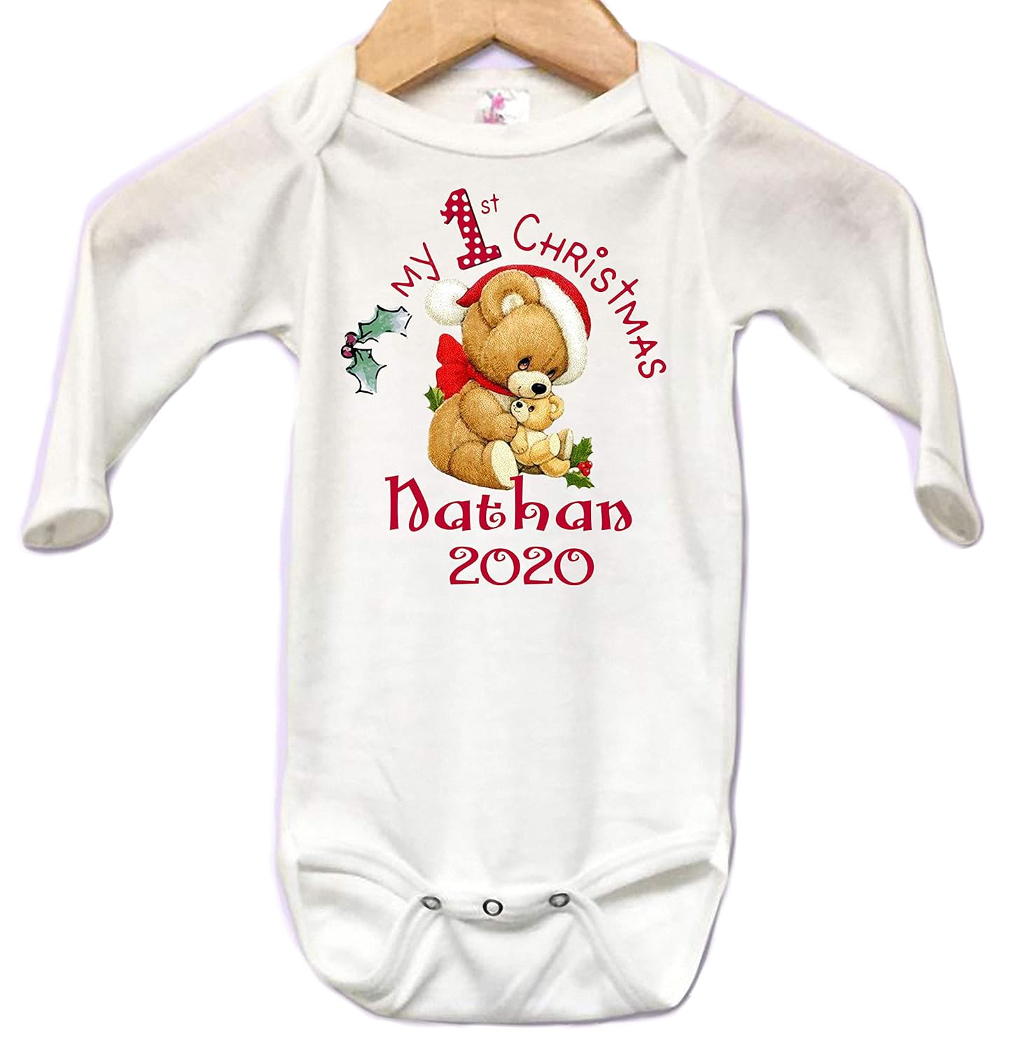 Onesie Long Sleeve Body Suit Babys First Christmas Bear Hug