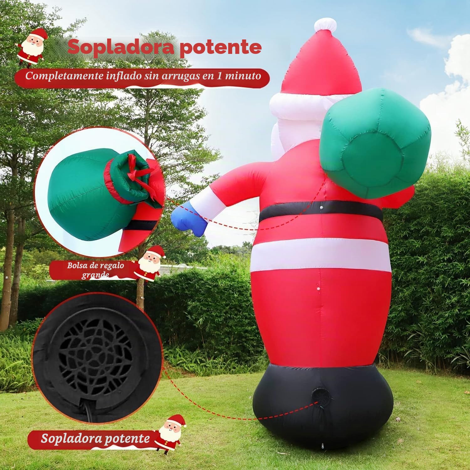 Papá Noel inflable de 245 cm con luz LED, Navidad inflable resistente a la intemperie IP44, figura gigante de Papá Noel con bolsa de regalo, decoración de iluminación interior y exterior para jardín
